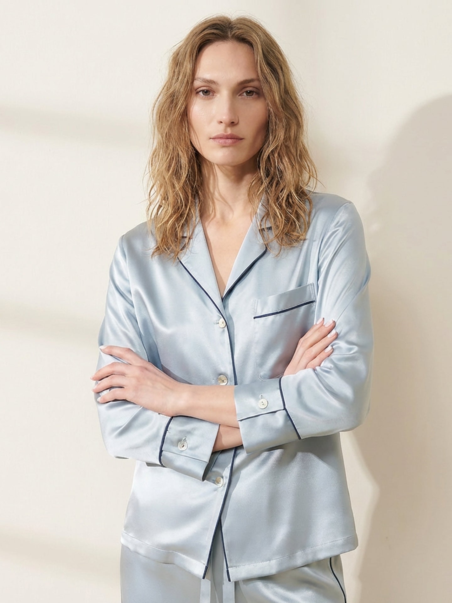 Premium Mulberry Silk Pajama Set#color_Dusty Blue