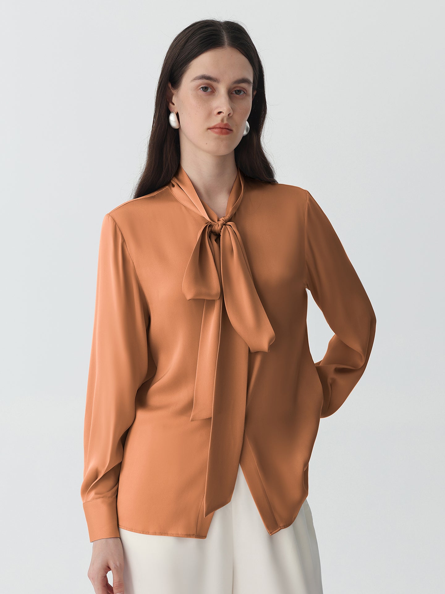 Bow-Tie Neck Silk Blouse #color_Caramel