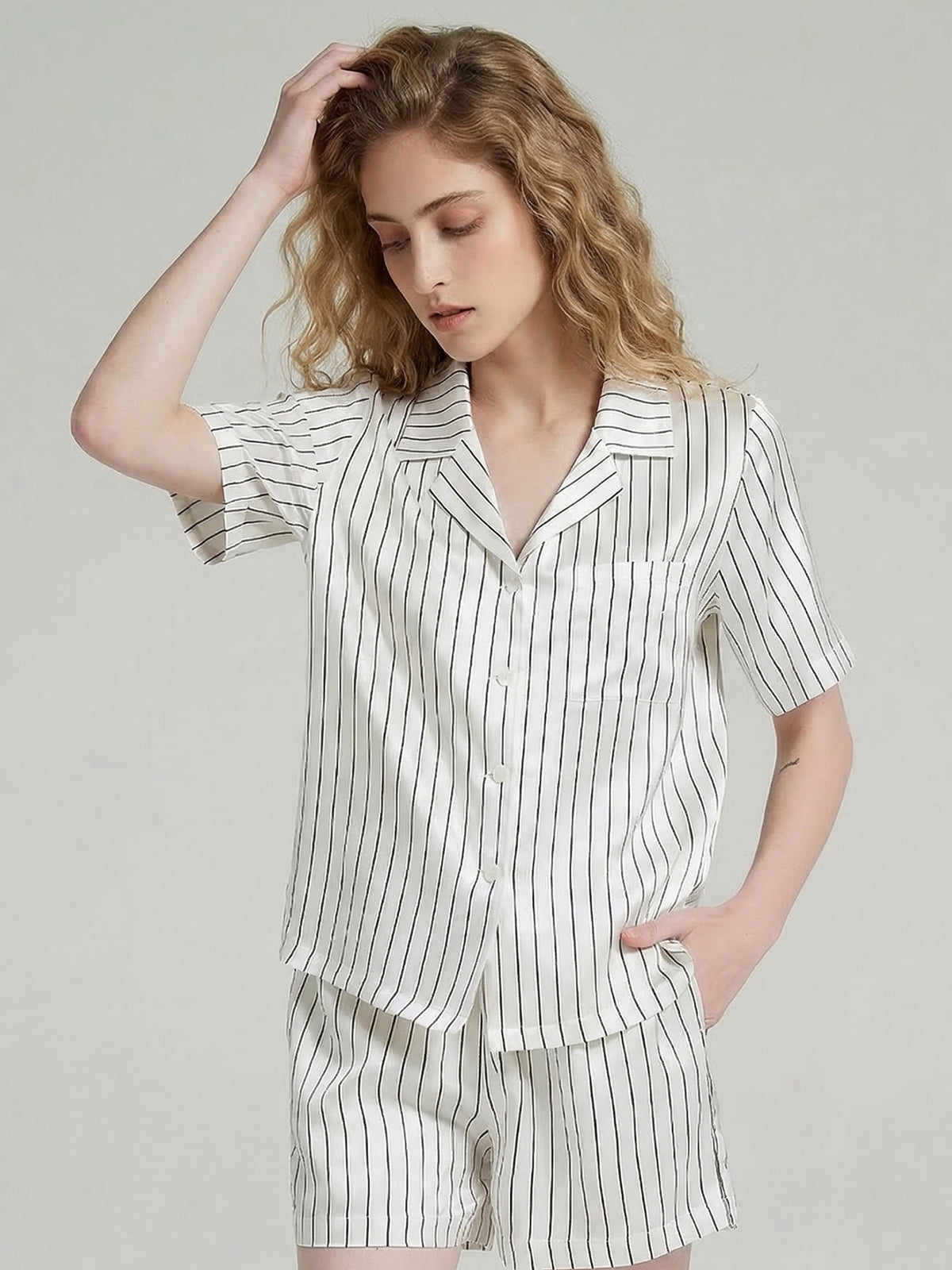 Silk Striped Short Pajama Set with Notch Collar#color_White Stripes