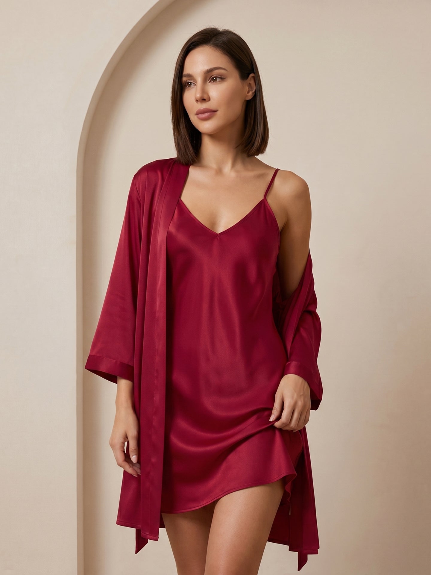 Silk Spaghetti Strap Mini Nightgown and Robe Set