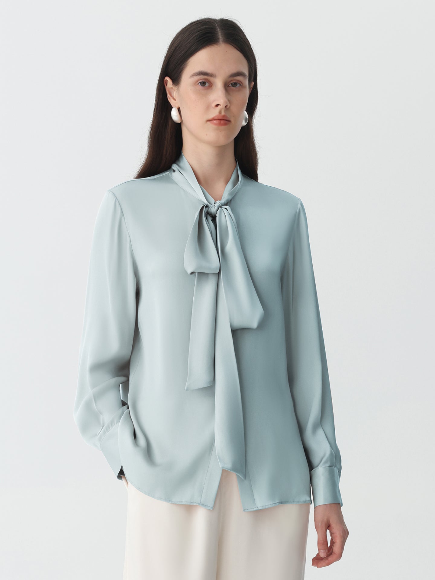 Bow-Tie Neck Silk Blouse #color_Baby Blue