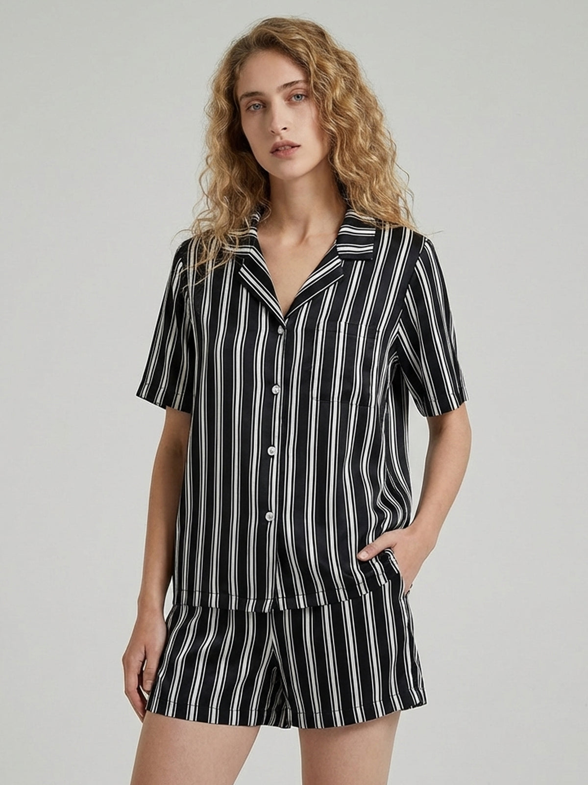 Silk Striped Short Pajama Set with Notch Collar#color_Black Stripes
