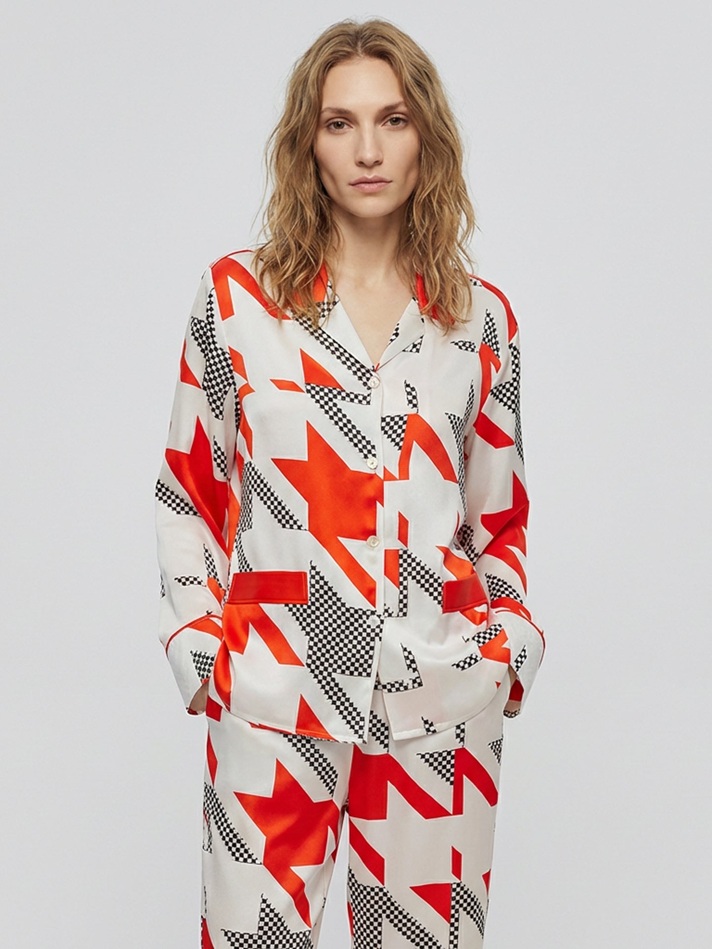 Red Houndstooth Print Pajamas#color_Red Houndstooth