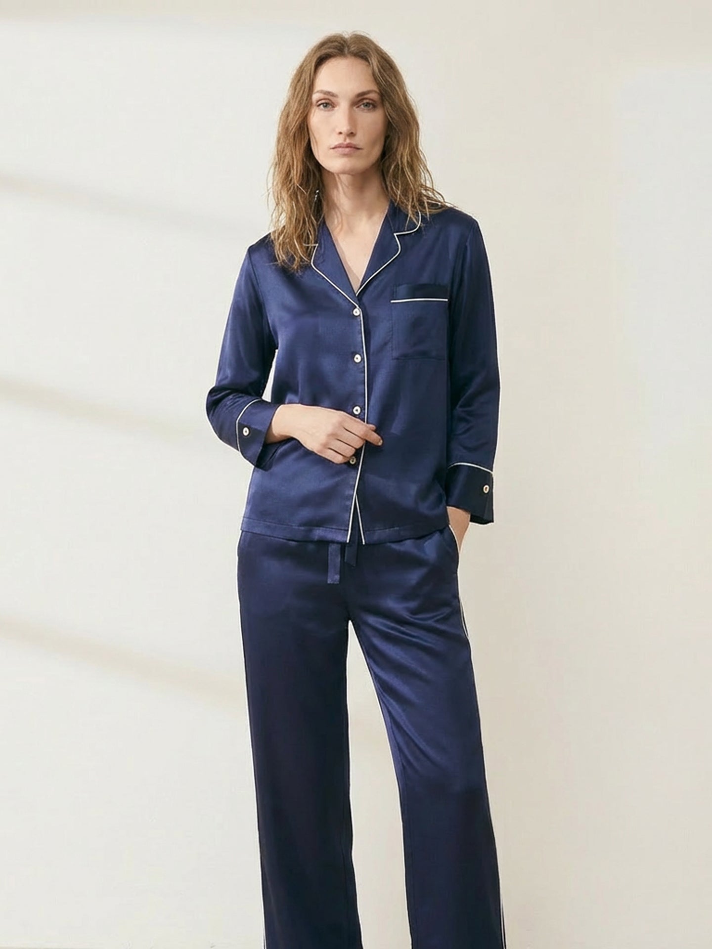 Premium Mulberry Silk Pajama Set#color_Navy