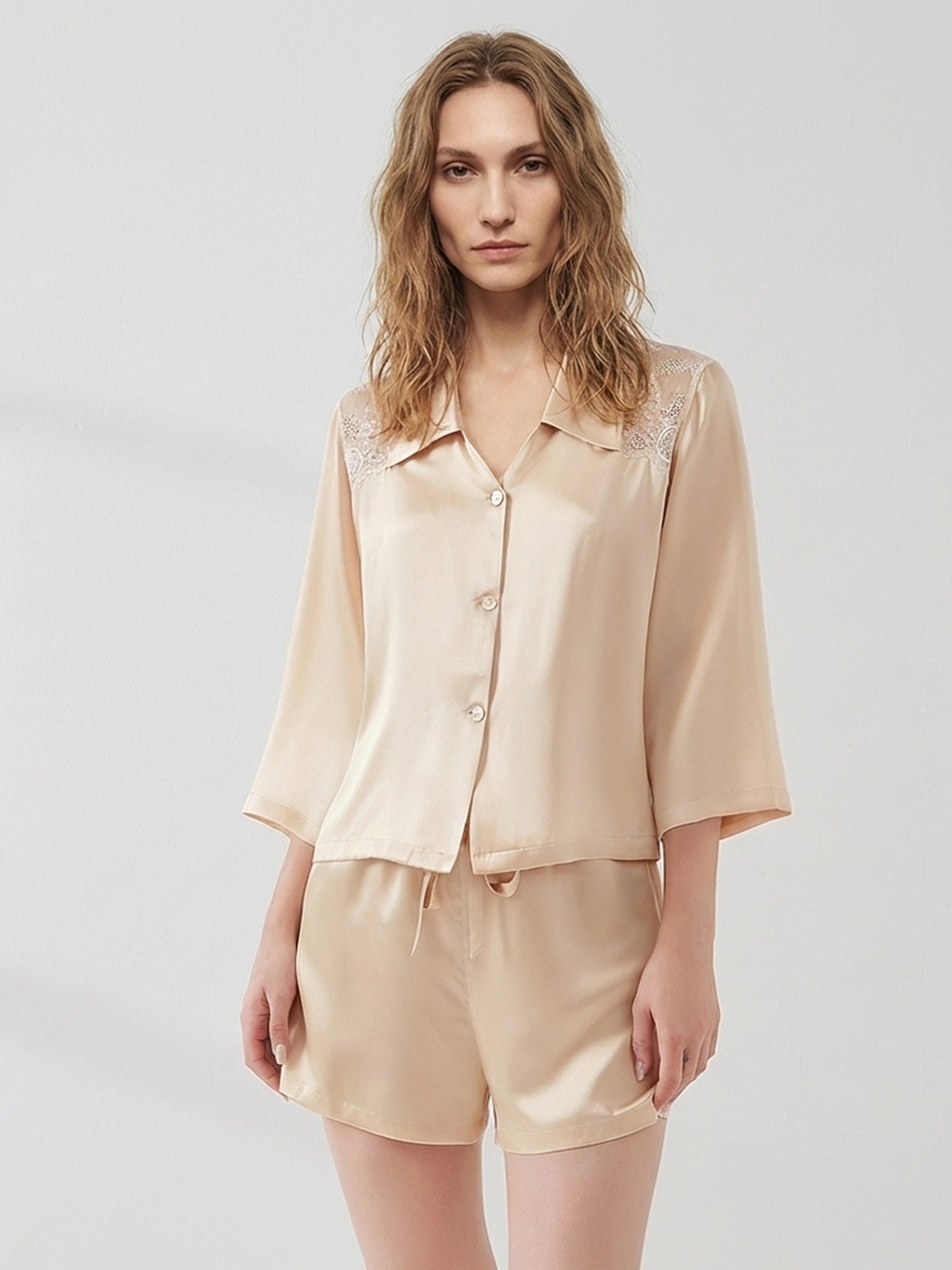 Mulberry Silk Lace Pajama Set#color_Blush Beige