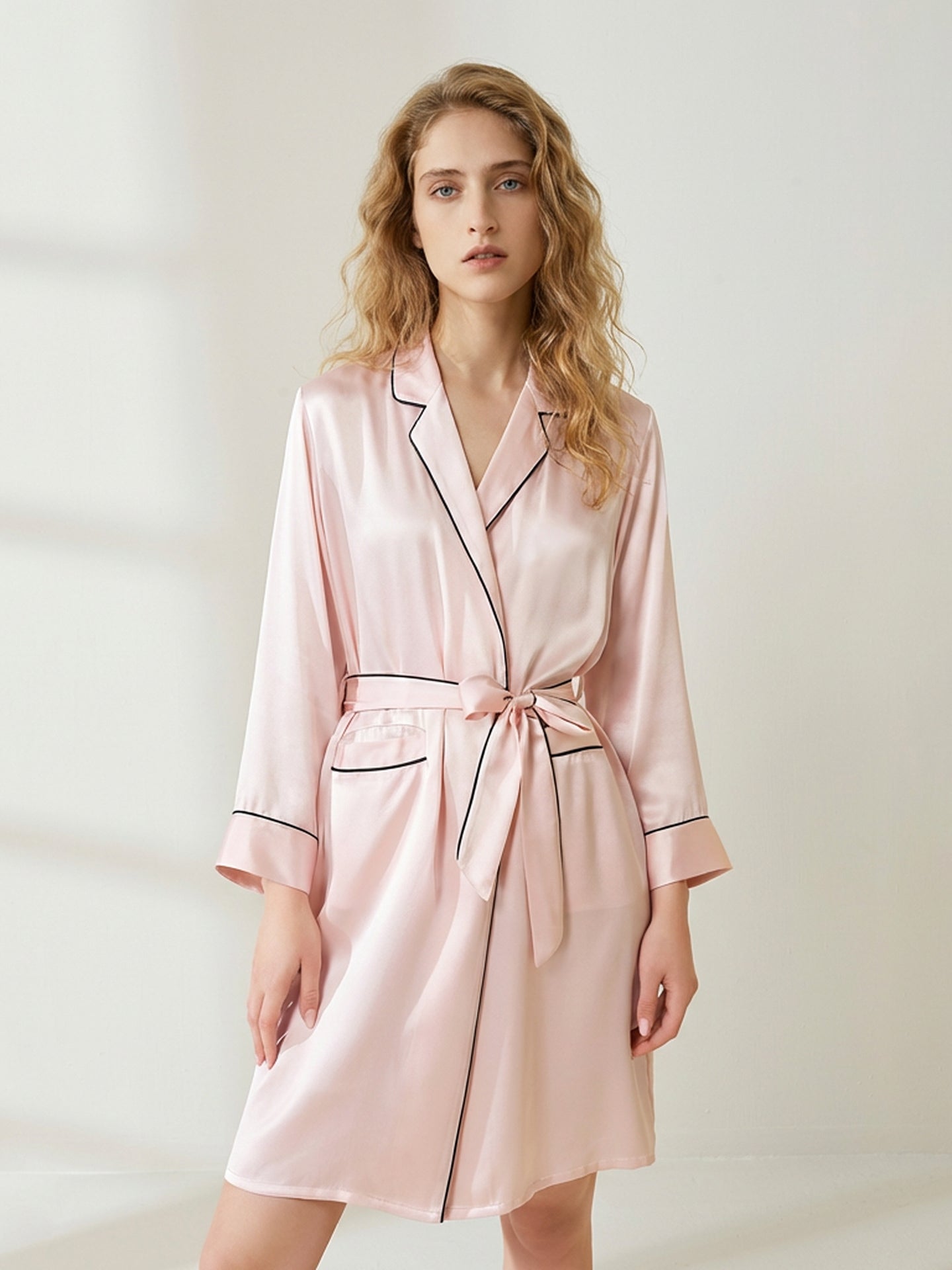 Pure Silk Contrast Trim Robe#color_Blush Pink