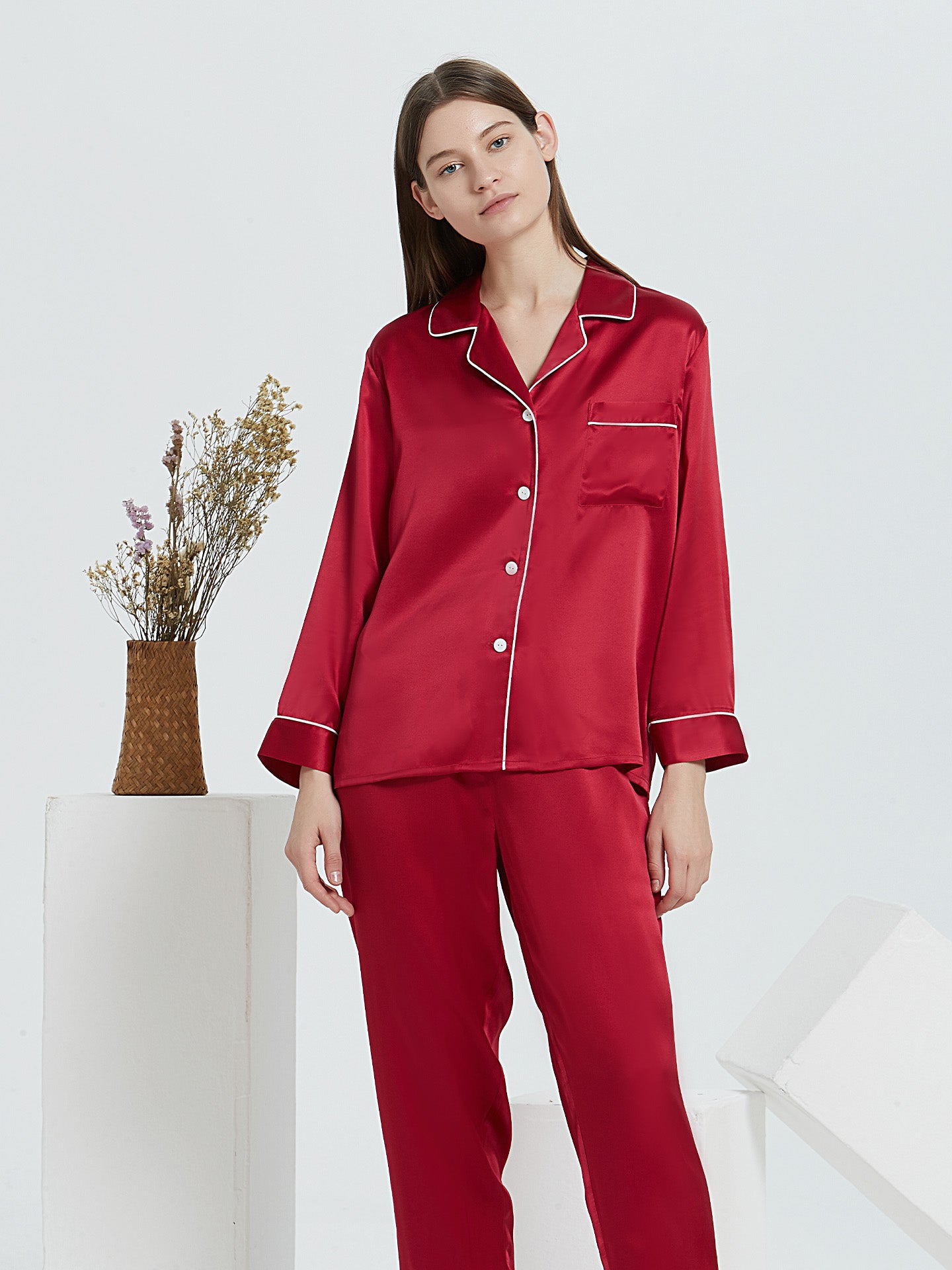 Mulberry Silk Classic Button-Down Pajama Set with Contrast Piping#color_Burgundy