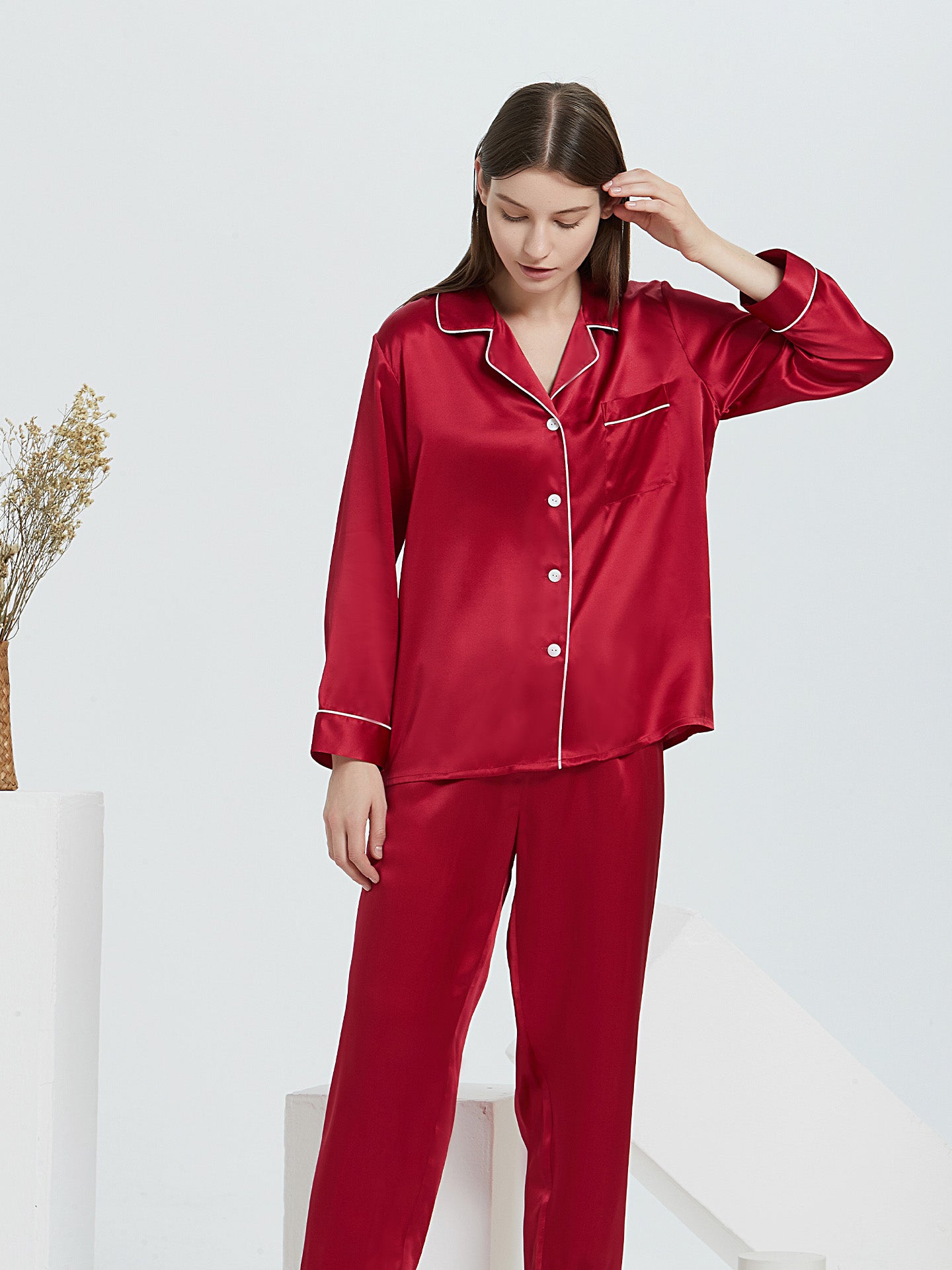 Mulberry Silk Classic Button-Down Pajama Set with Contrast Piping#color_Burgundy