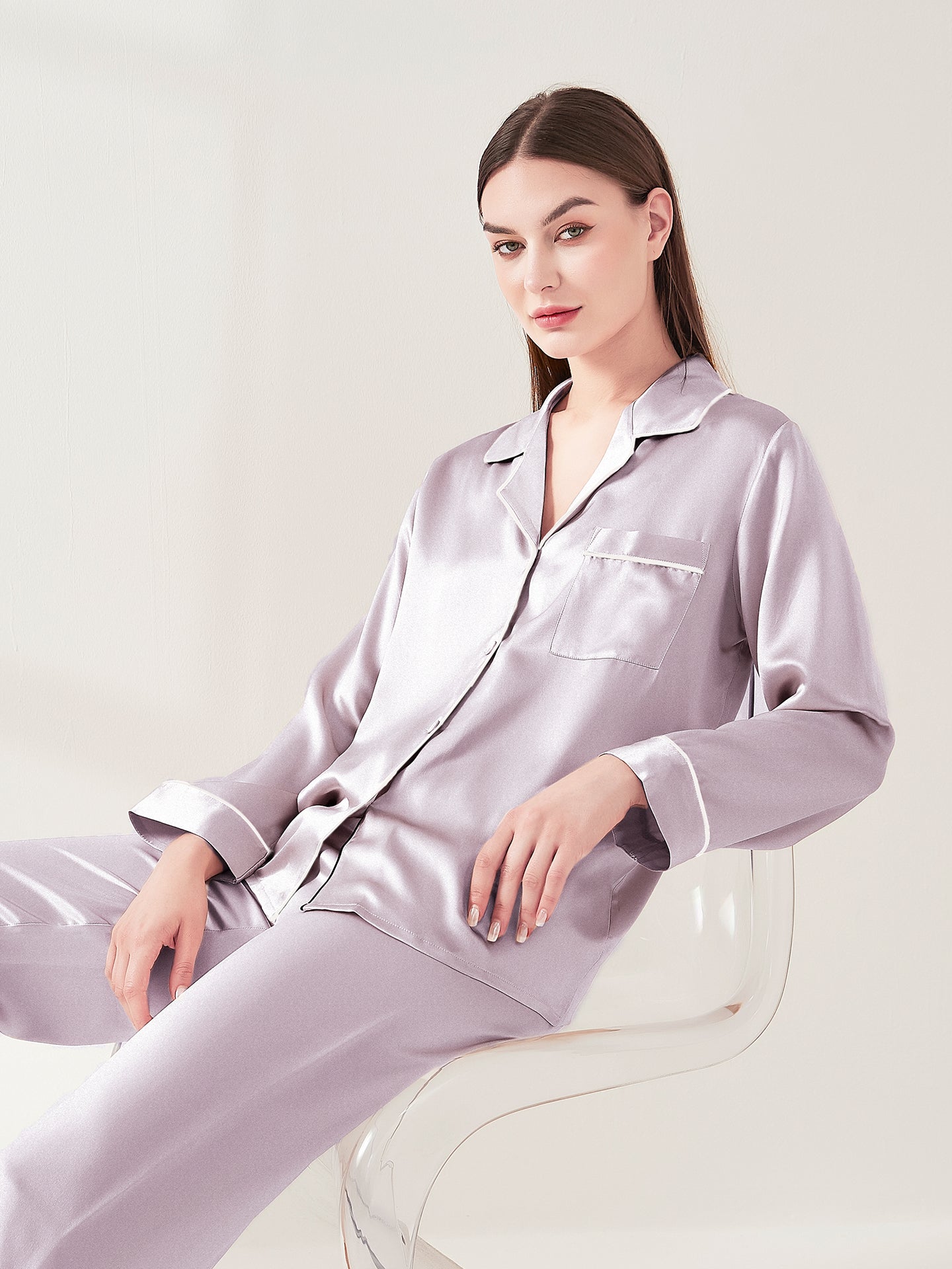 Mulberry Silk Classic Button-Down Pajama Set with Contrast Piping#color_Lilac