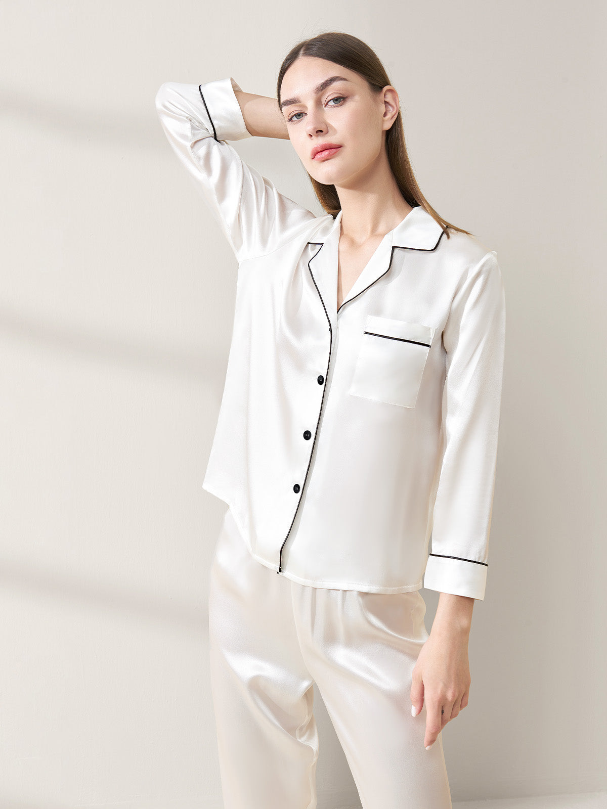 Mulberry Silk Classic Button-Down Pajama Set with Contrast Piping#color_White