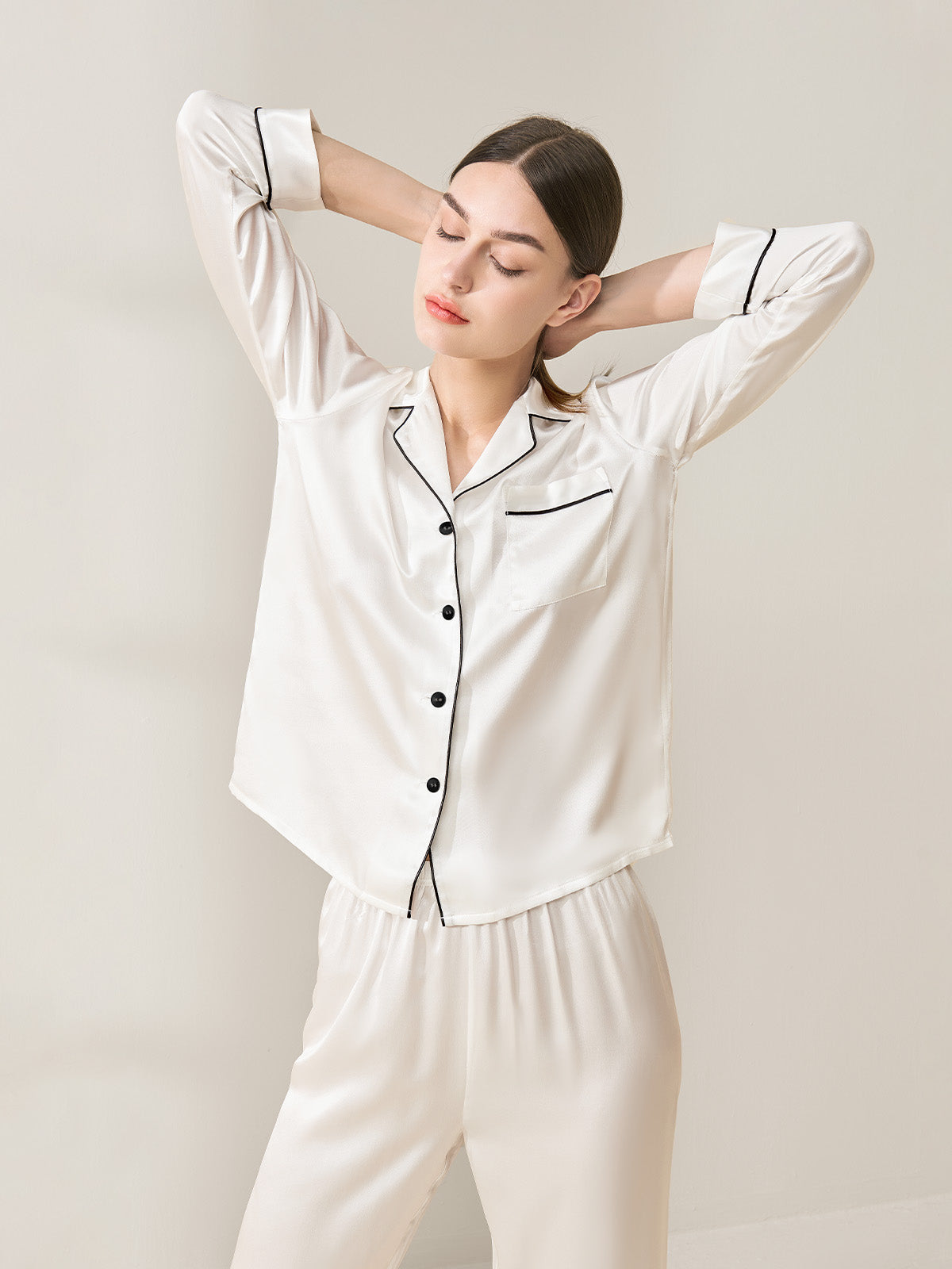 Mulberry Silk Classic Button-Down Pajama Set with Contrast Piping#color_White