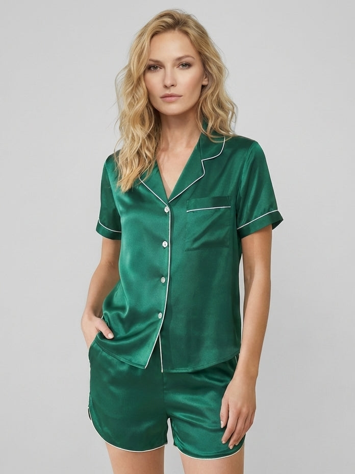 19 Momme Mulberry Silk Lounge Button-Down Pajama Set#color_Dark Green