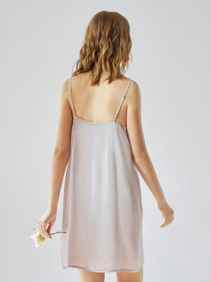 19 Momme Mulberry Silk Button-Front Nightdress with Lace Trim#color_Lilac