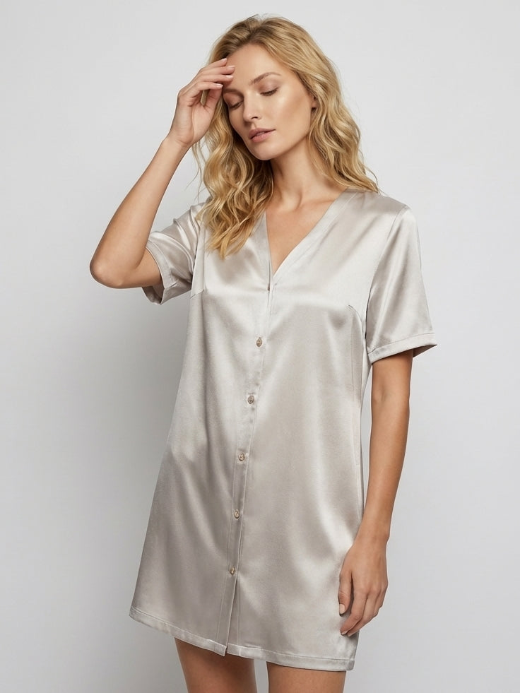 19 Momme Mulberry Silk Sleep Shirt Dress#color_Grey