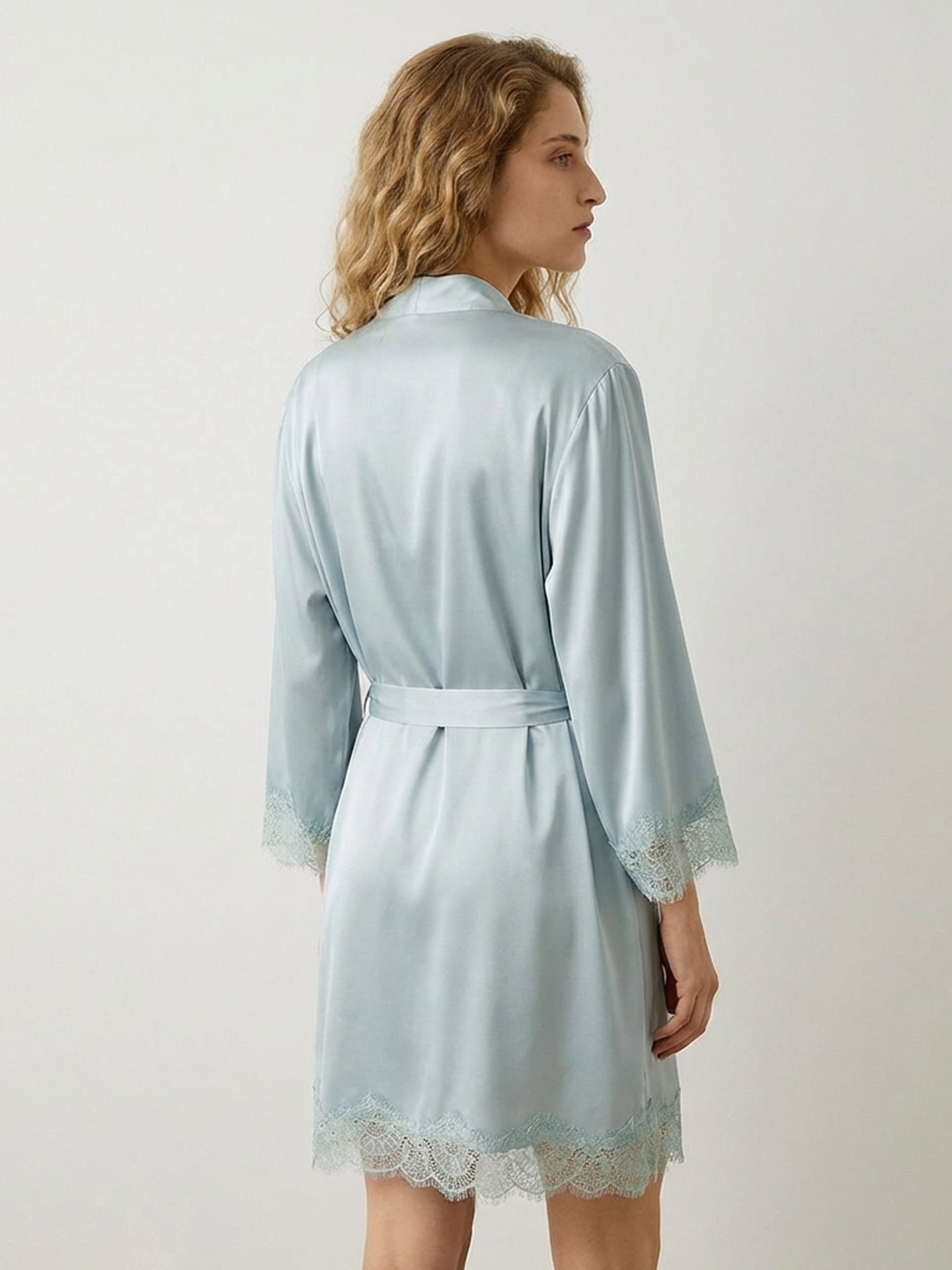 Women's Lace Trim Chemise & Robe Set#color_Baby Blue