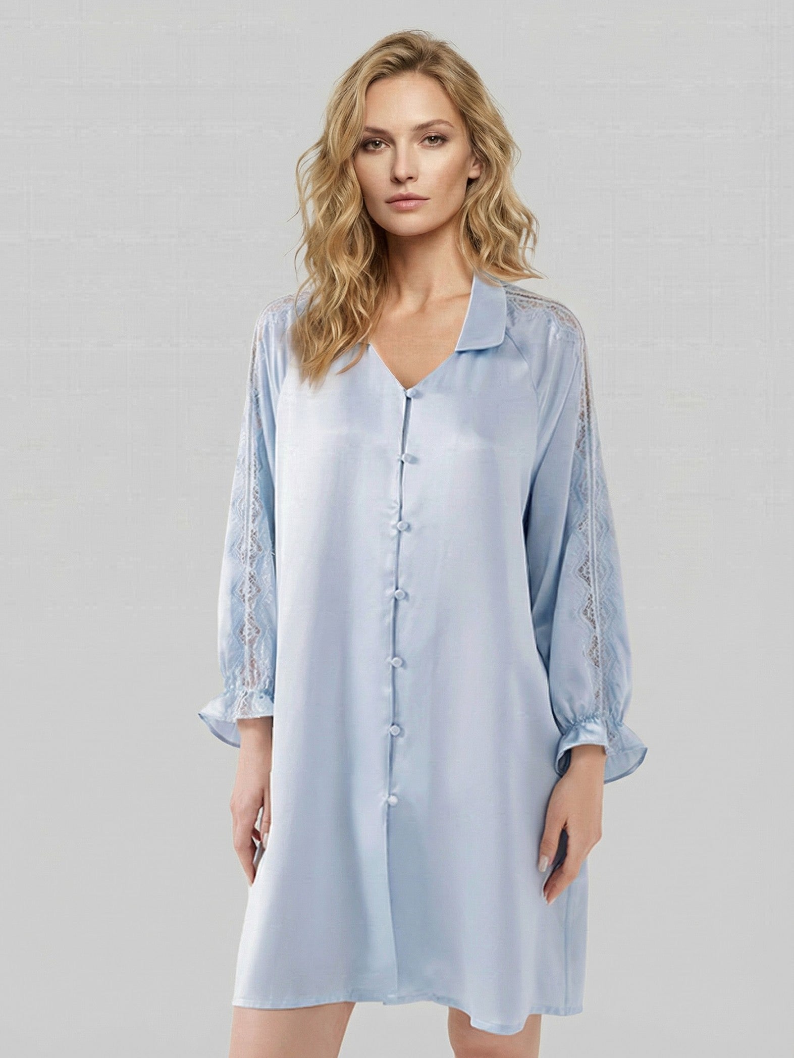19 Momme Mulberry Silk Nightshirt with Lace#color_Baby Blue