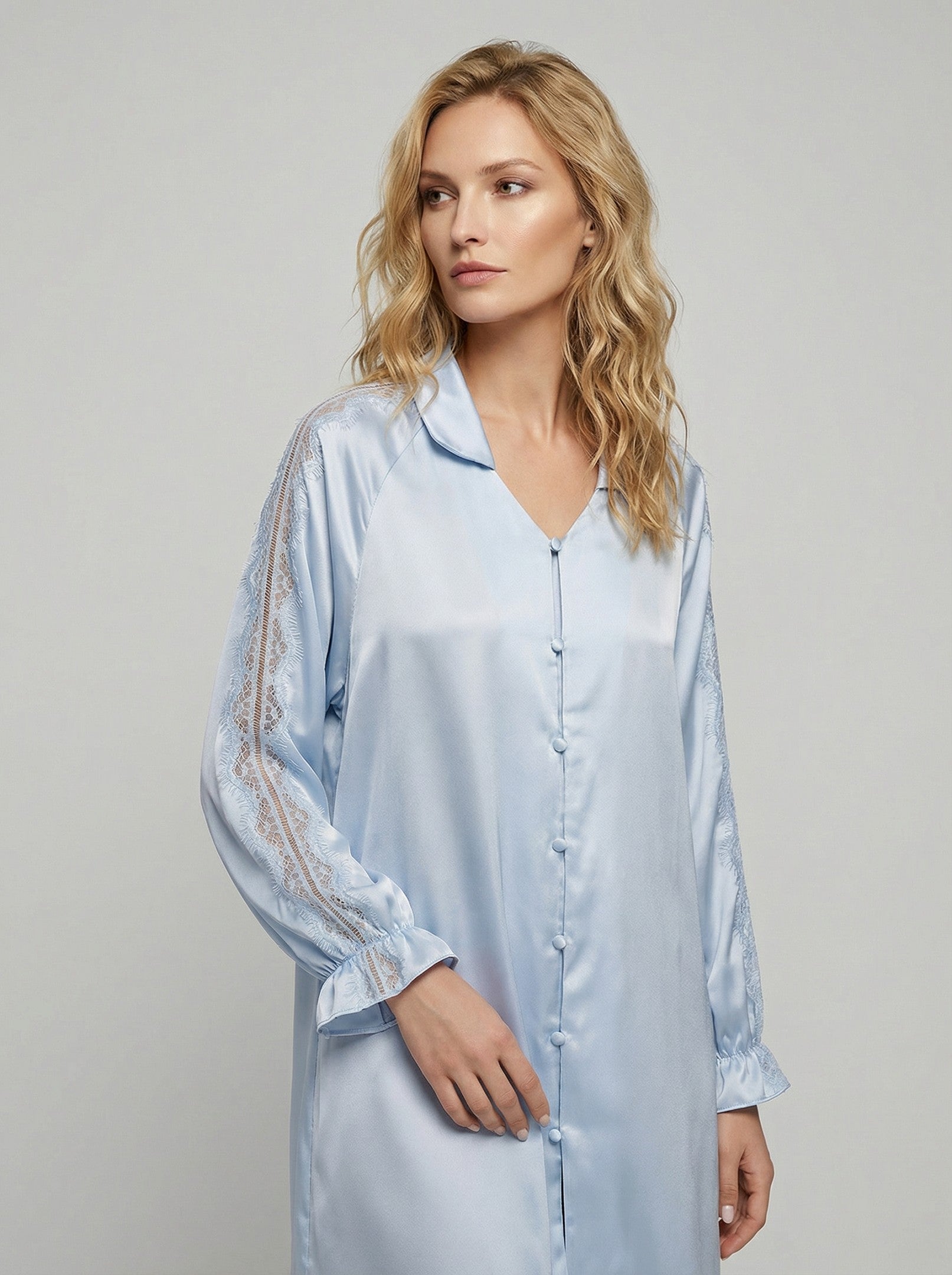 19 Momme Mulberry Silk Nightshirt with Lace#color_Baby Blue