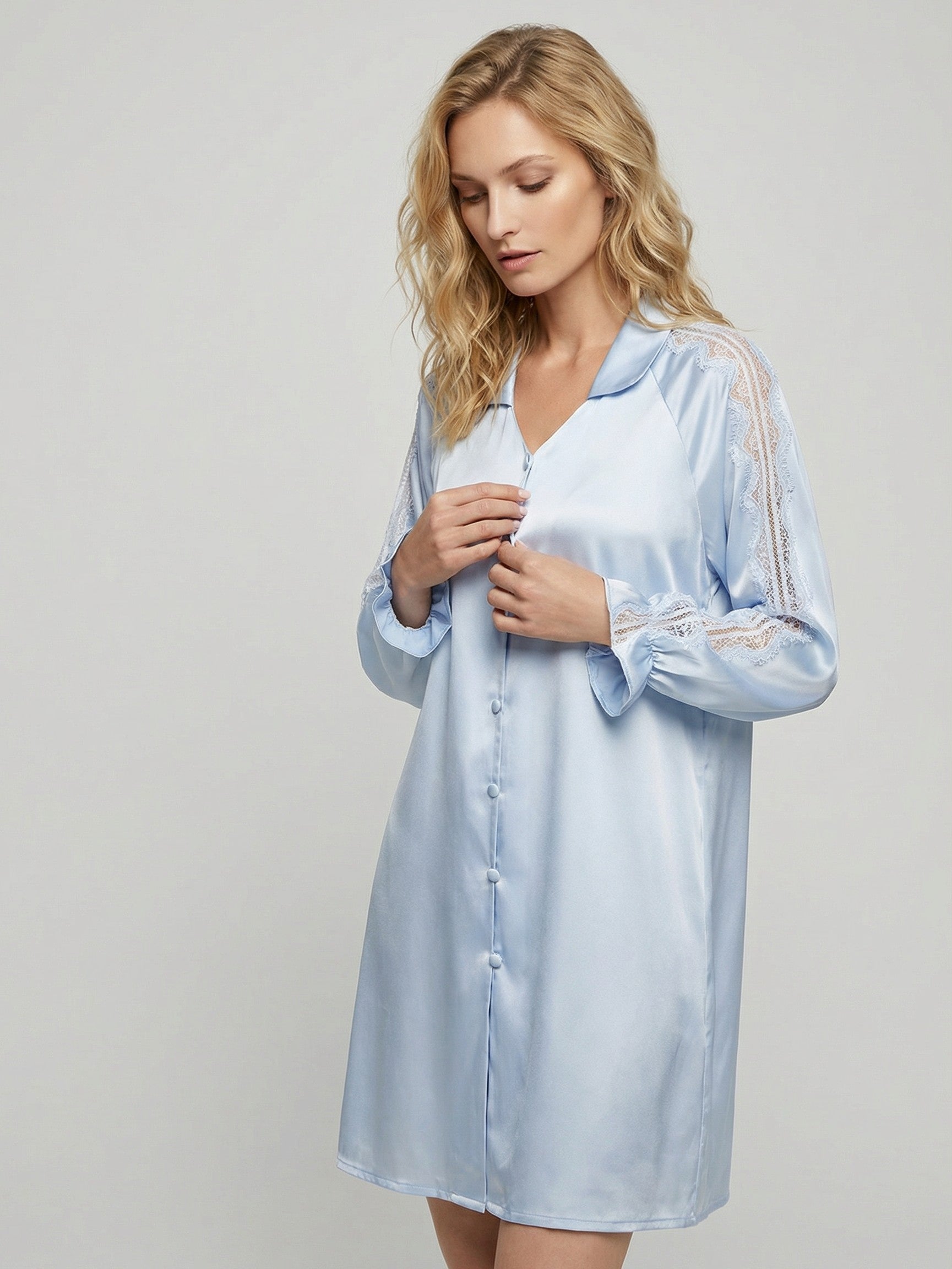19 Momme Mulberry Silk Nightshirt with Lace#color_Baby Blue