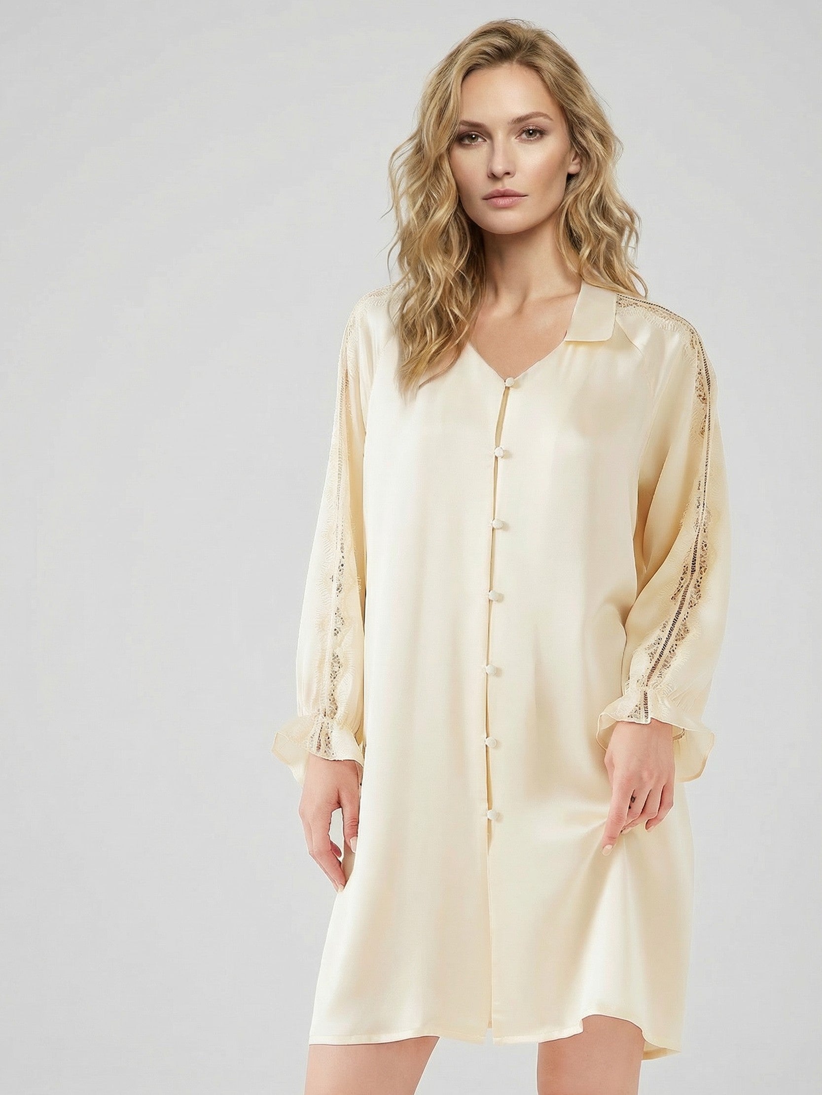19 Momme Mulberry Silk Nightshirt with Lace#color_Light Lemon Yellow