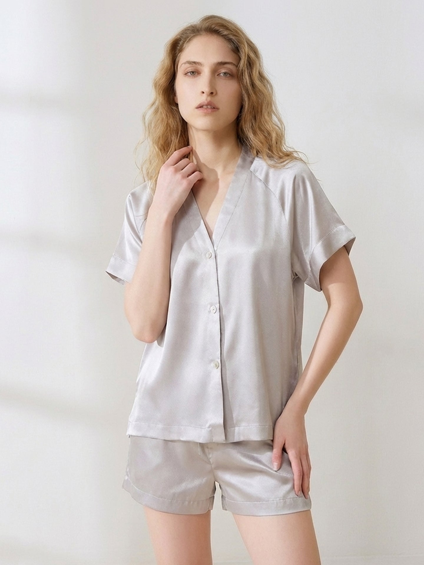 Luxe Mulberry Silk Pajama Set#color_Grey