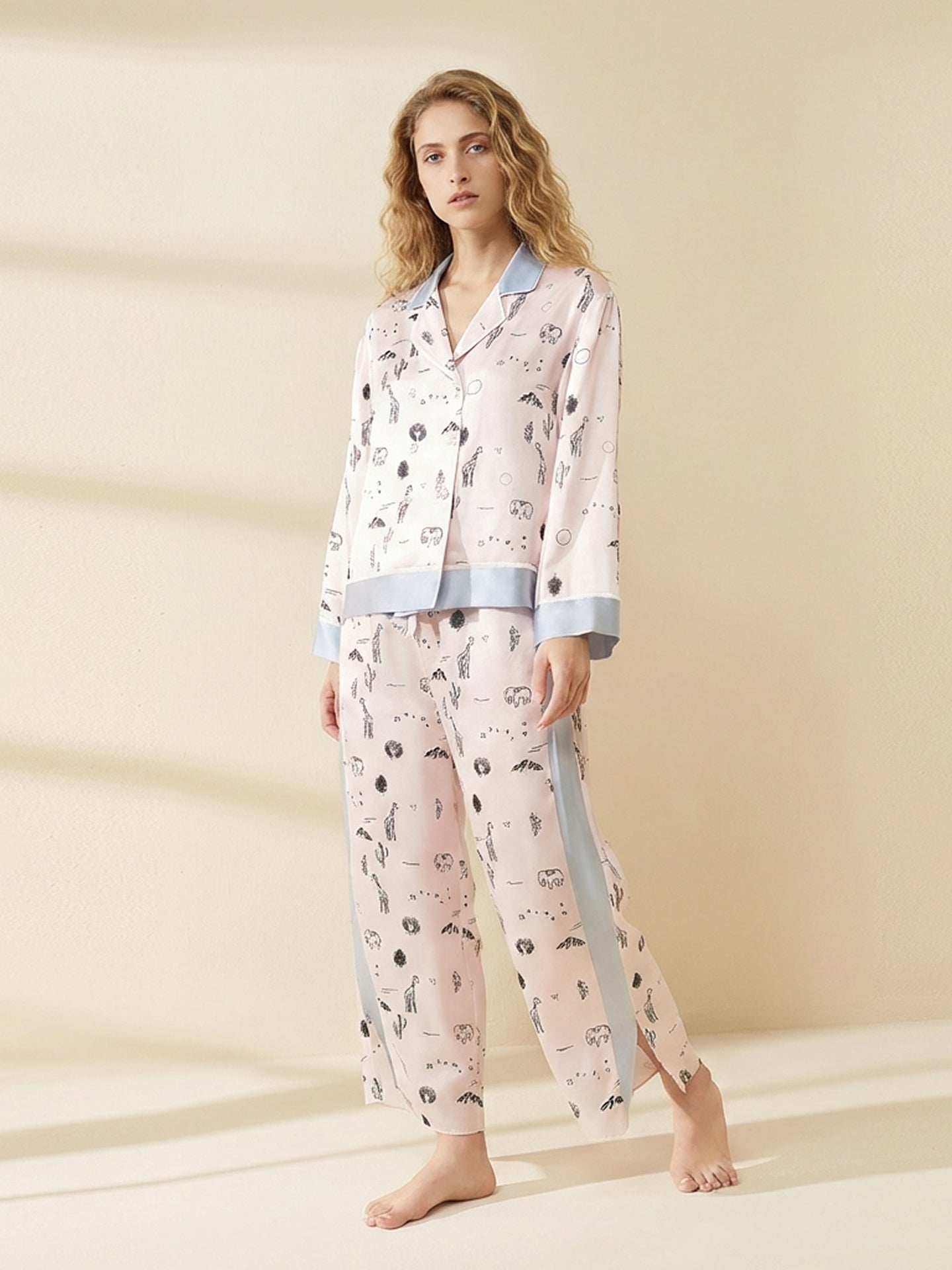 100% Mulberry Silk Printed Pajama Set#color_Pink Print