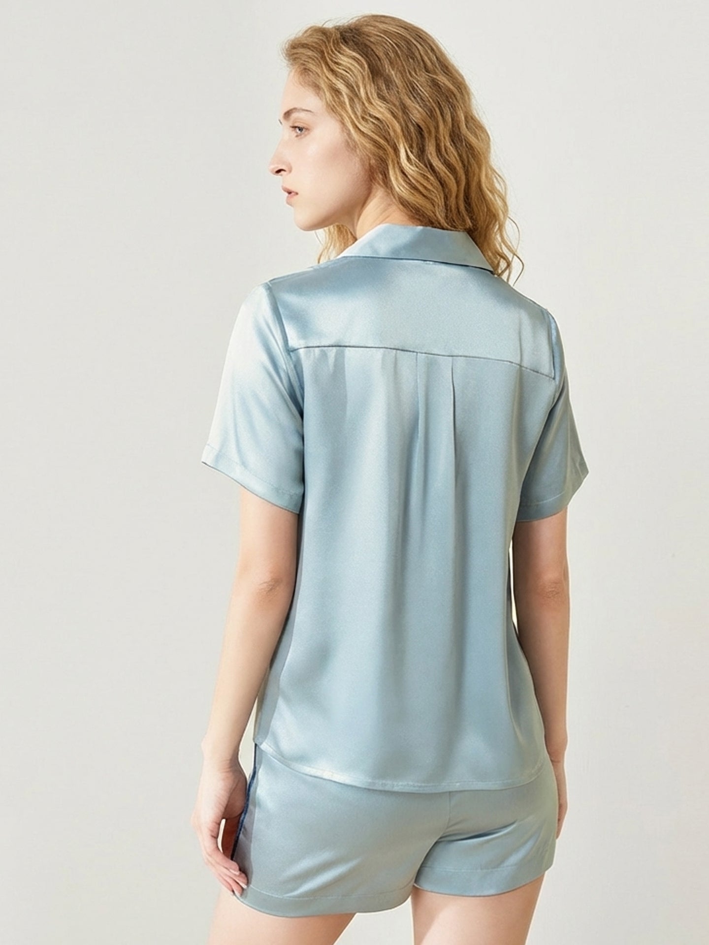 Silk Short Pajama Set with Notch Collar#color_Dusty Blue