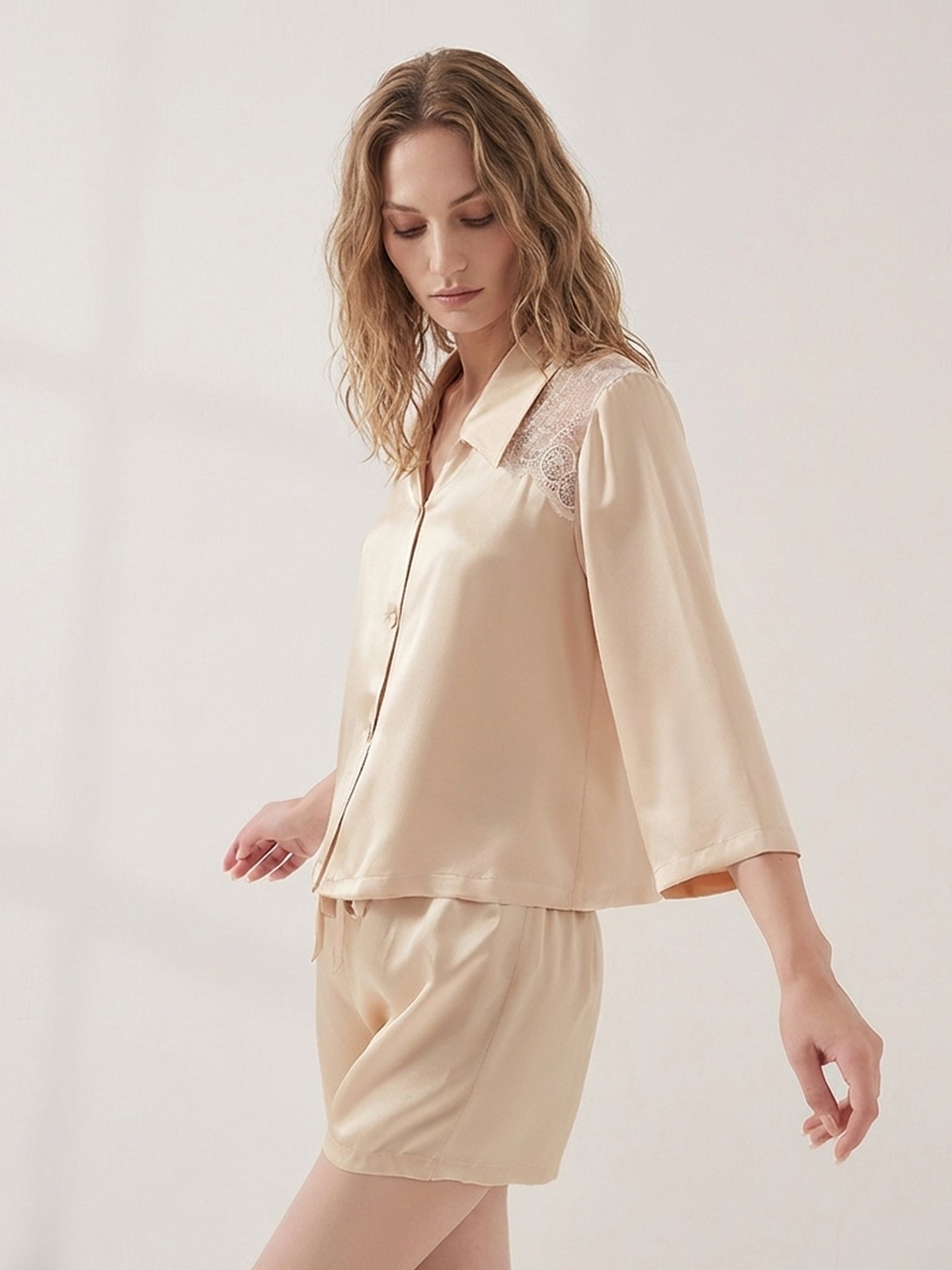Mulberry Silk Lace Pajama Set#color_Blush Beige