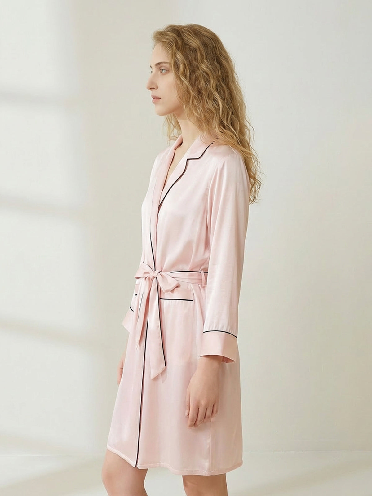 Pure Silk Contrast Trim Robe#color_Blush Pink