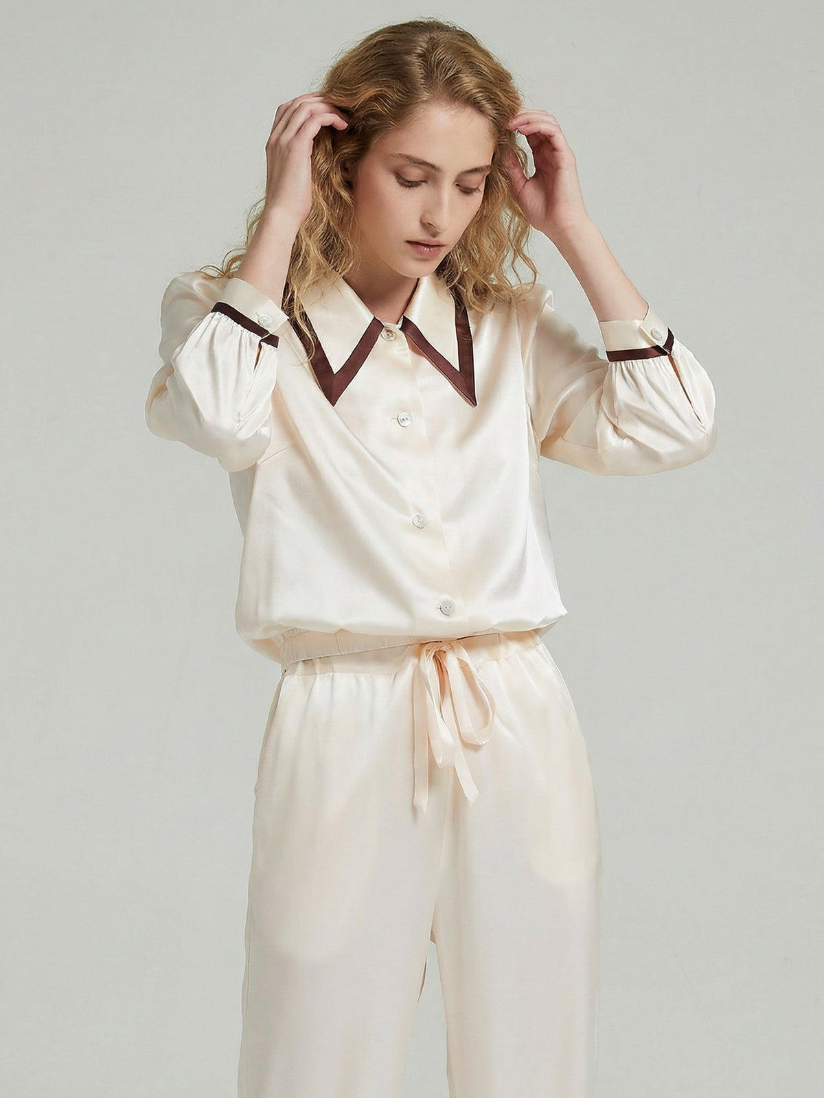 Silk Contrast Collar Pajama Set with Side Slit Pants#color_Light Lemon Yellow
