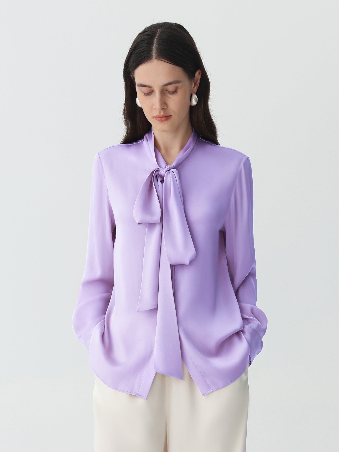 Bow-Tie Neck Silk Blouse #color_Lavender