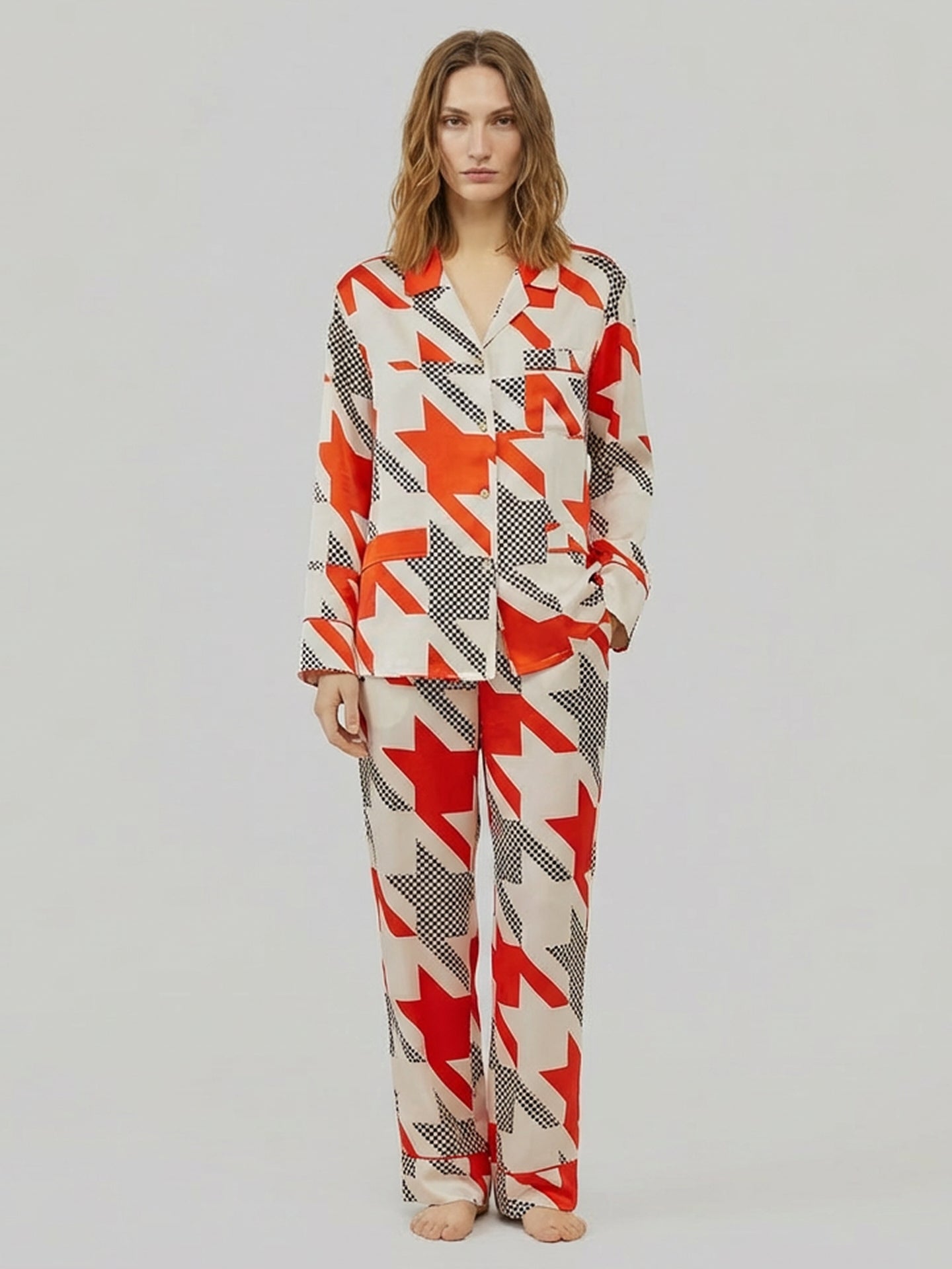 Red Houndstooth Print Pajamas#color_Red Houndstooth