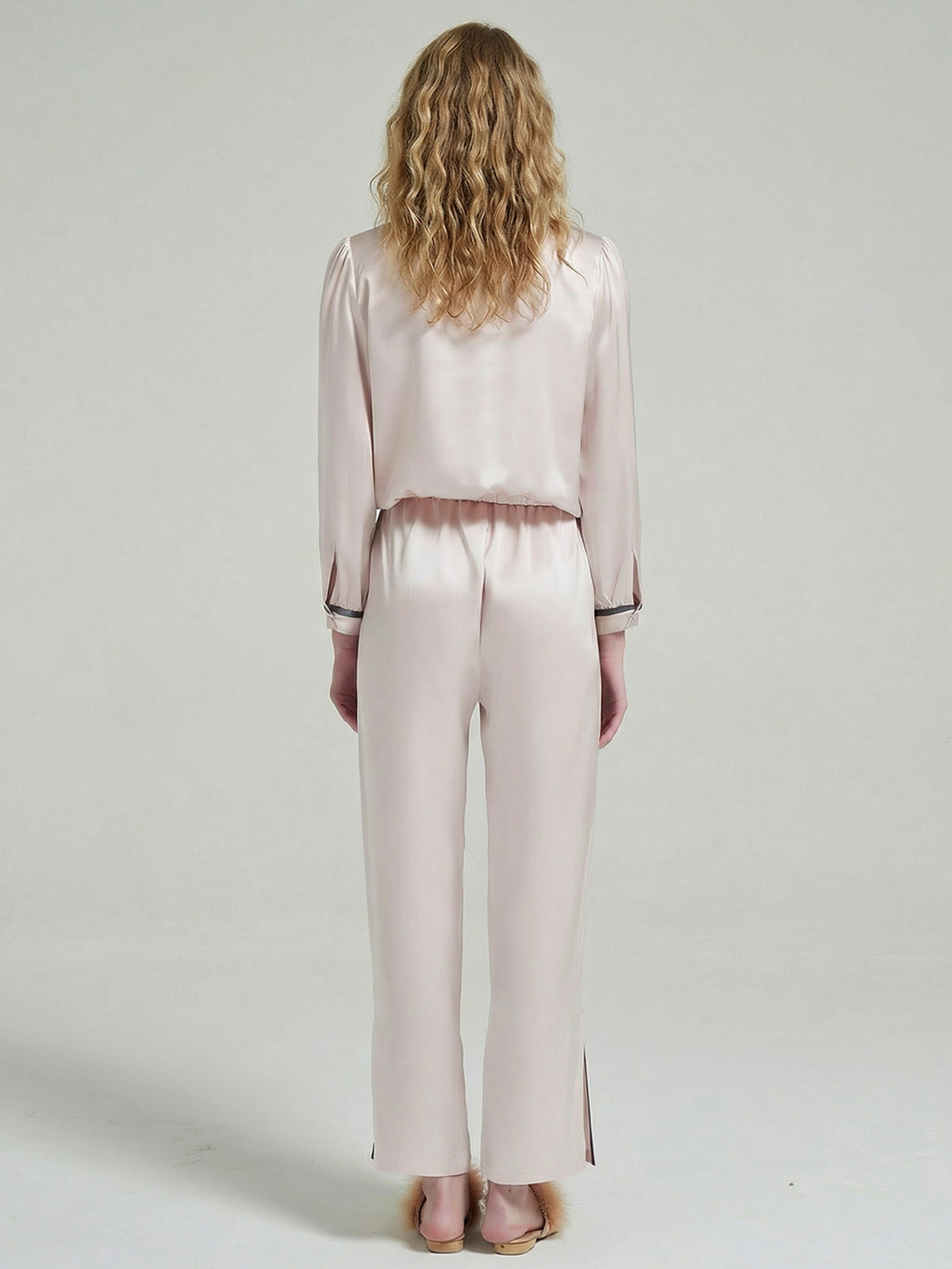 Silk Contrast Collar Pajama Set with Side Slit Pants#color_Blush Beige