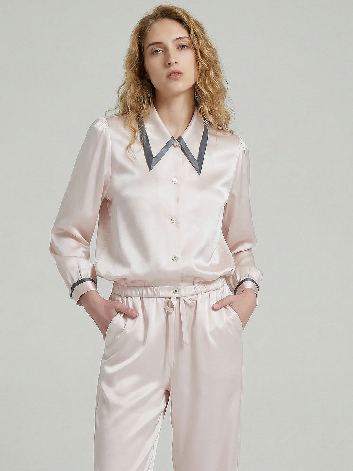 Silk Contrast Collar Pajama Set with Side Slit Pants#color_Blush Beige