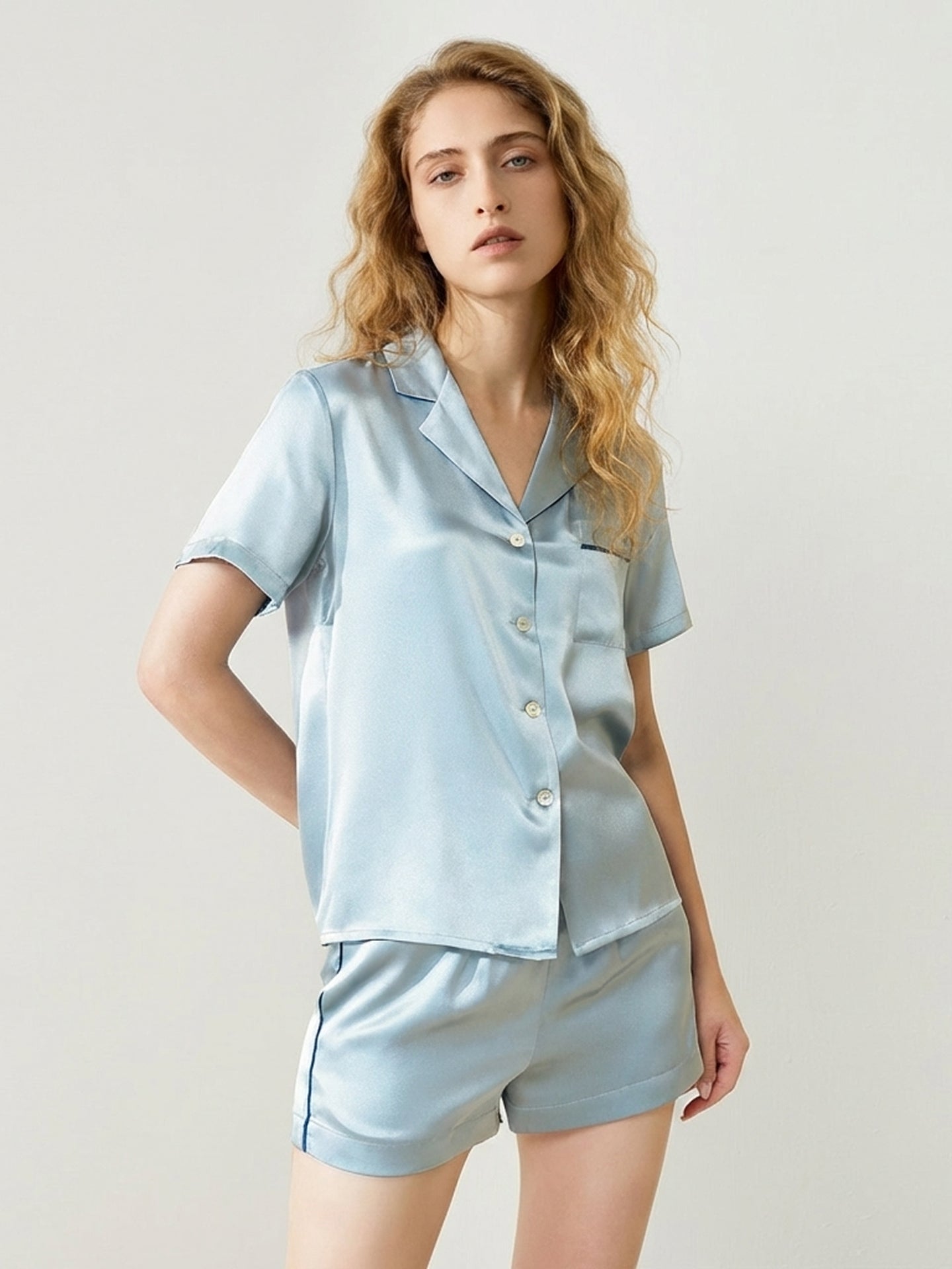 Silk Short Pajama Set with Notch Collar#color_Dusty Blue