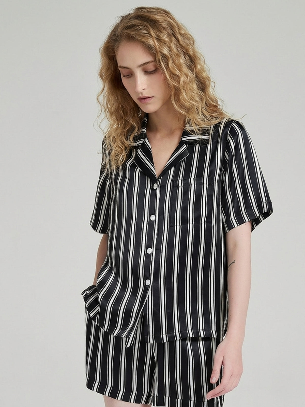 Silk Striped Short Pajama Set with Notch Collar#color_Black Stripes