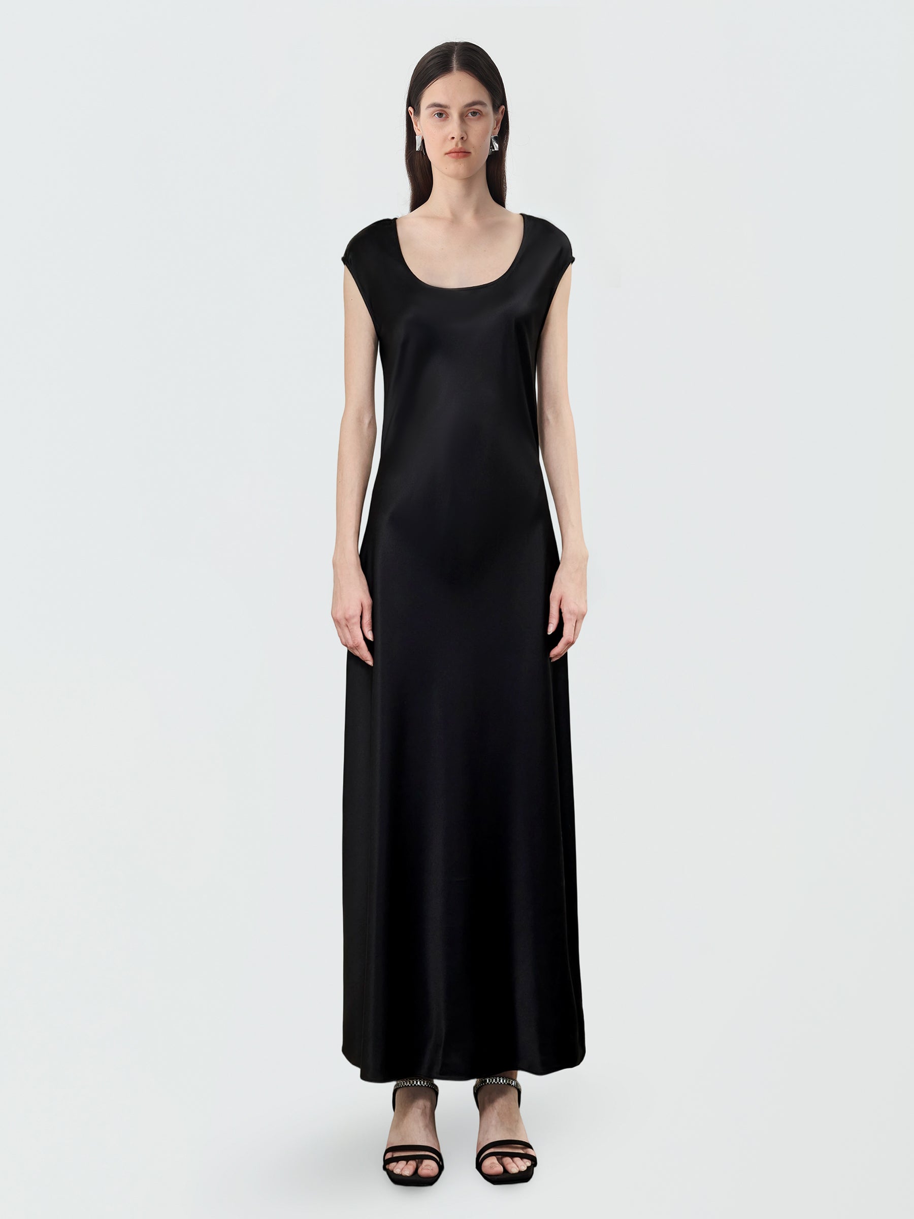 Women's Square Neck Maxi Dress in Silk #color_Black