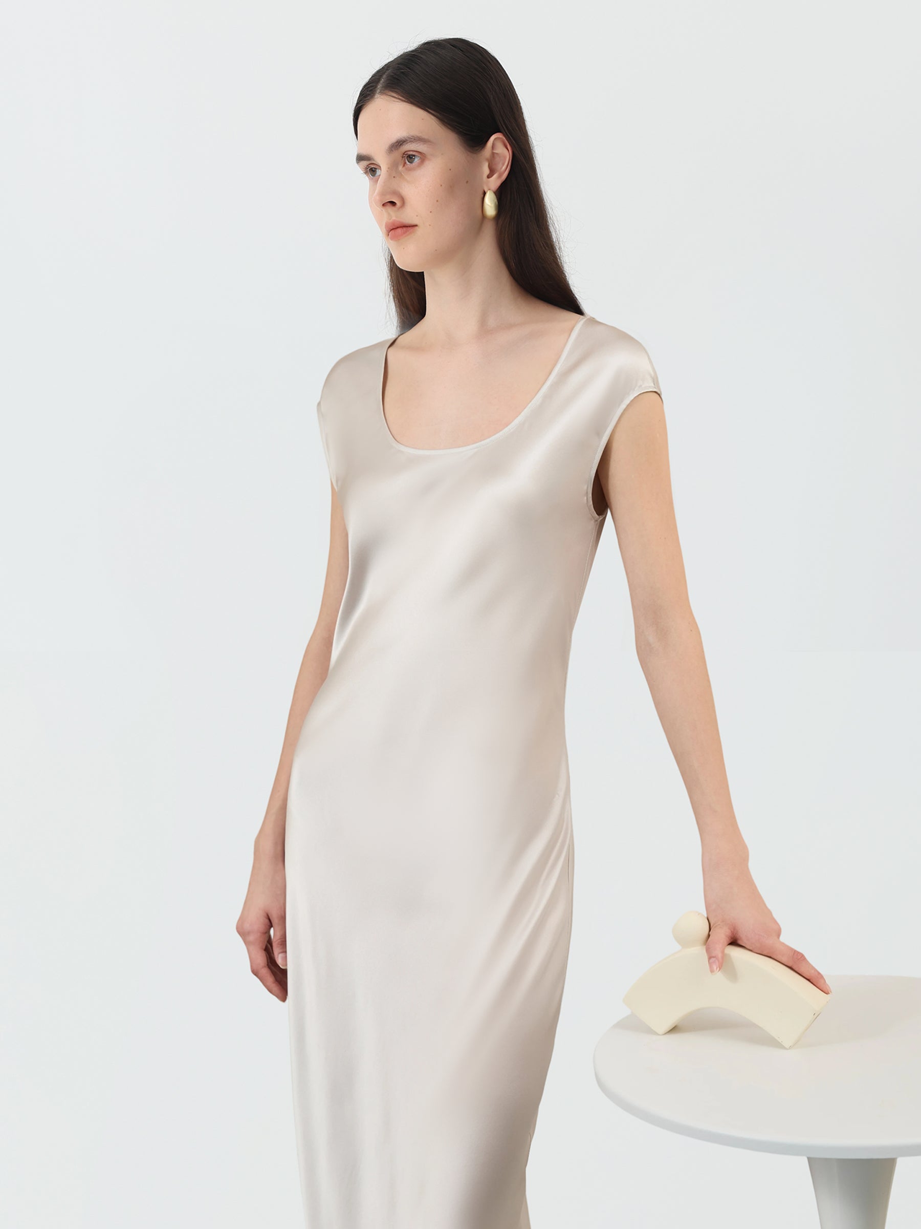 Women's Square Neck Maxi Dress in Silk #color_Soft Gray White