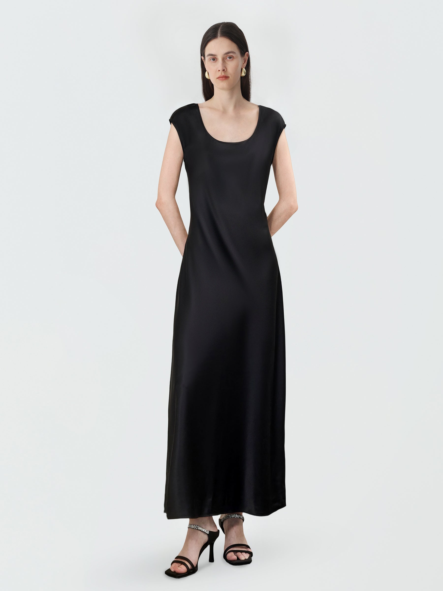 Women's Square Neck Maxi Dress in Silk #color_Black