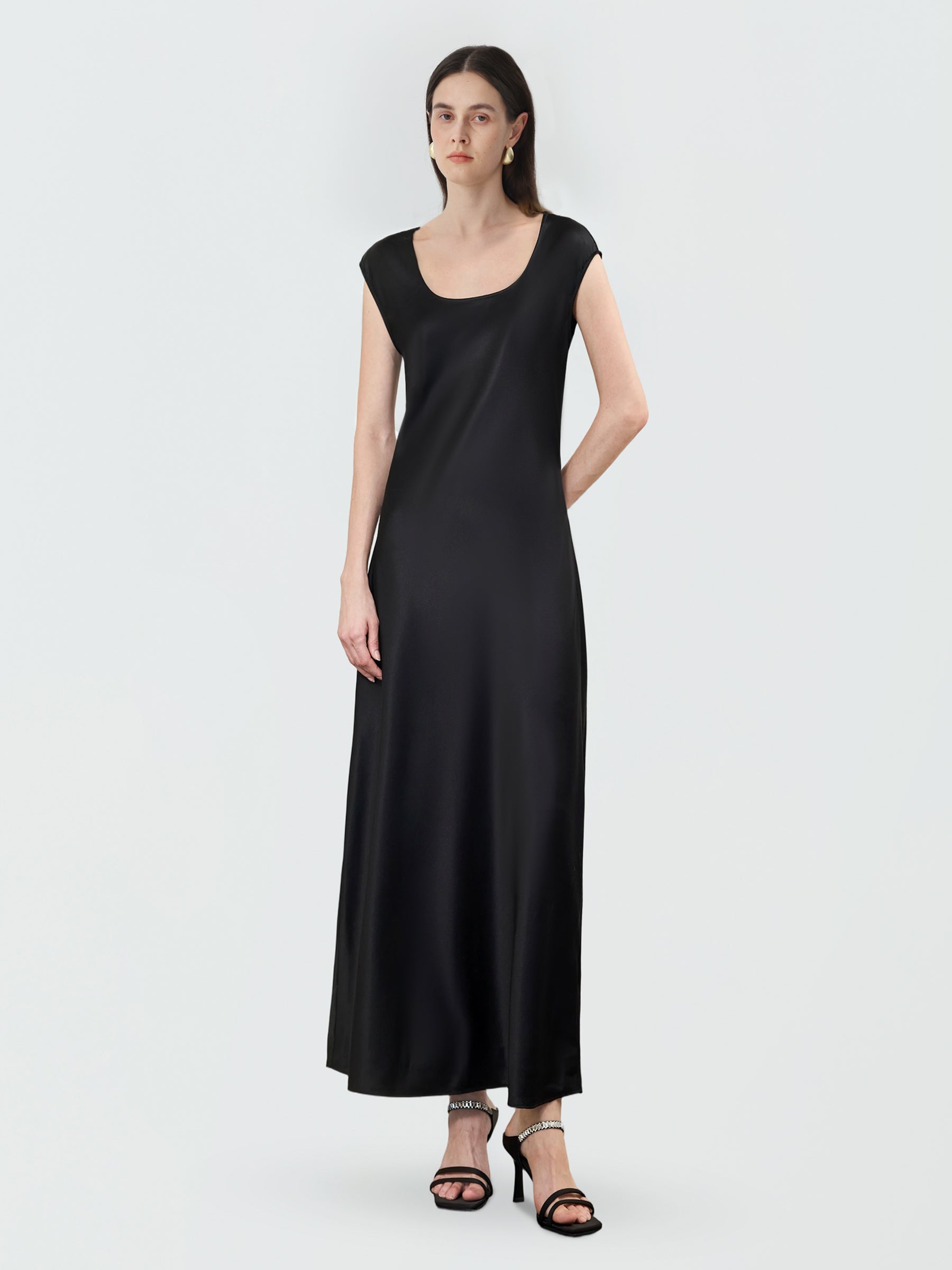 Women's Square Neck Maxi Dress in Silk #color_Black