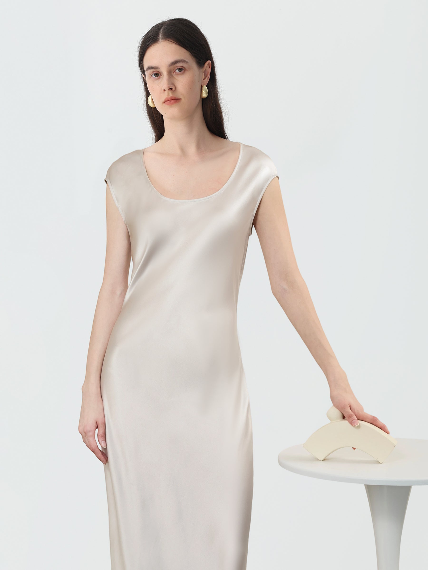 Women's Square Neck Maxi Dress in Silk #color_Soft Gray White