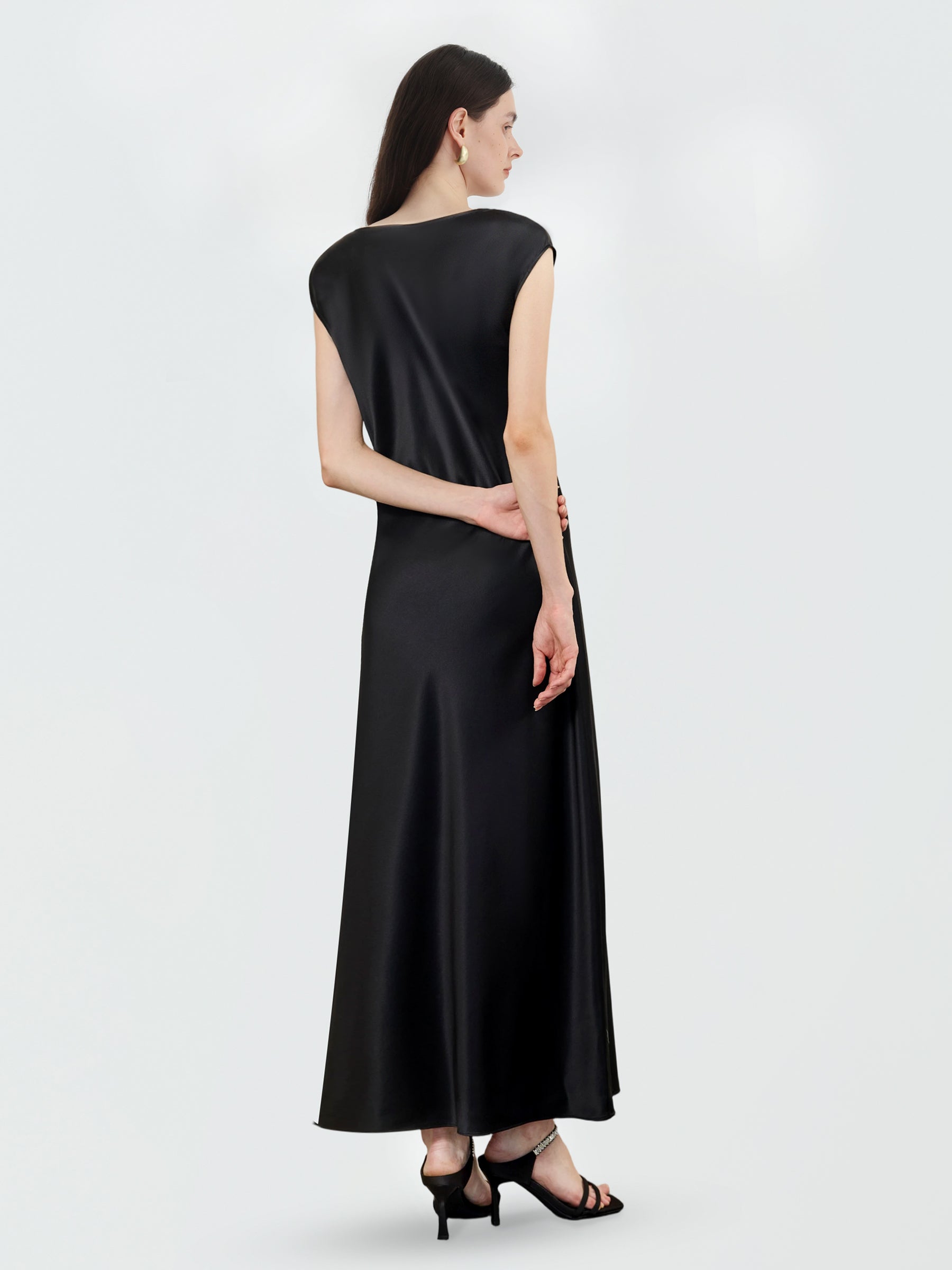 Women's Square Neck Maxi Dress in Silk #color_Black