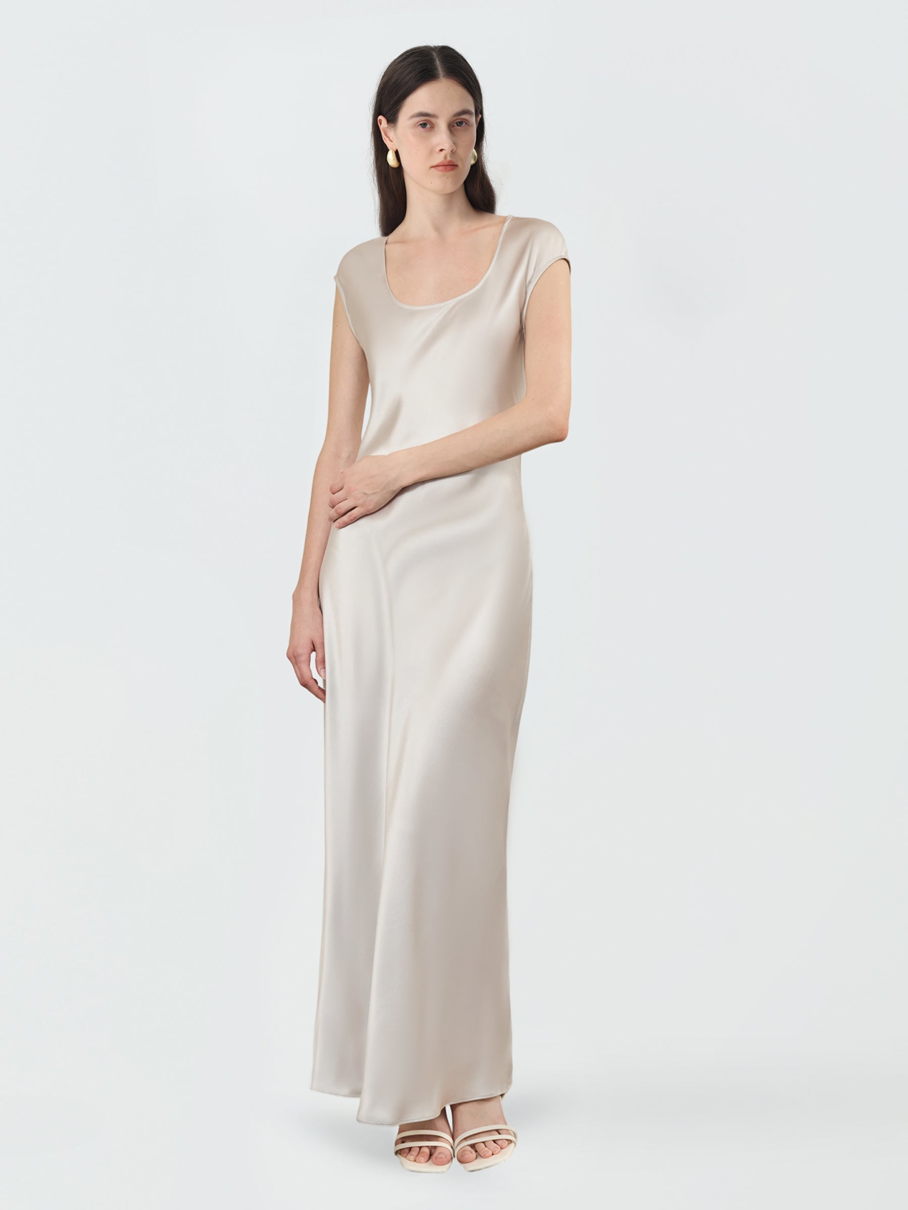 Women's Square Neck Maxi Dress in Silk #color_Soft Gray White