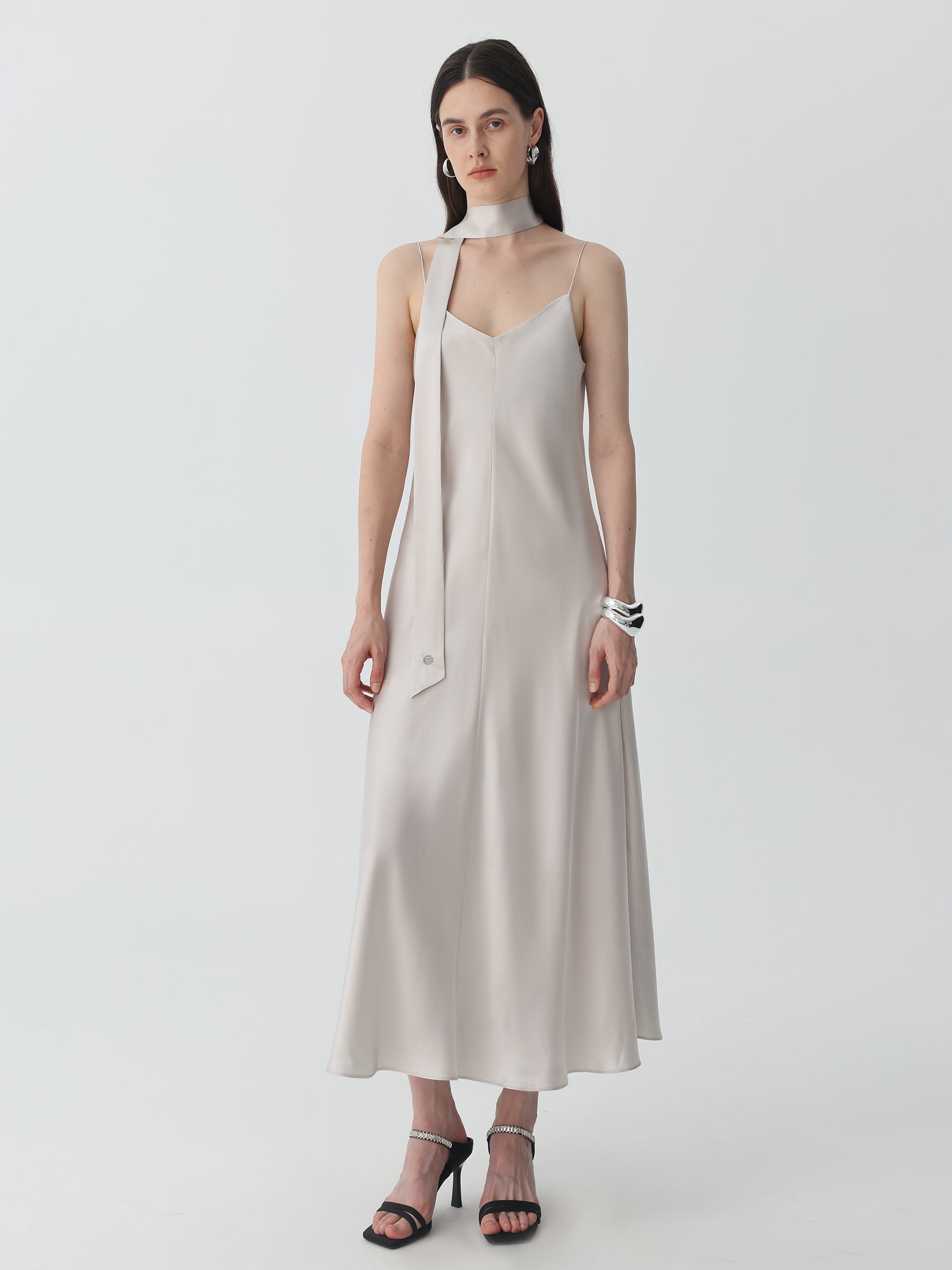 V-Neck Cami Dress in Silk #color_Soft Gray White