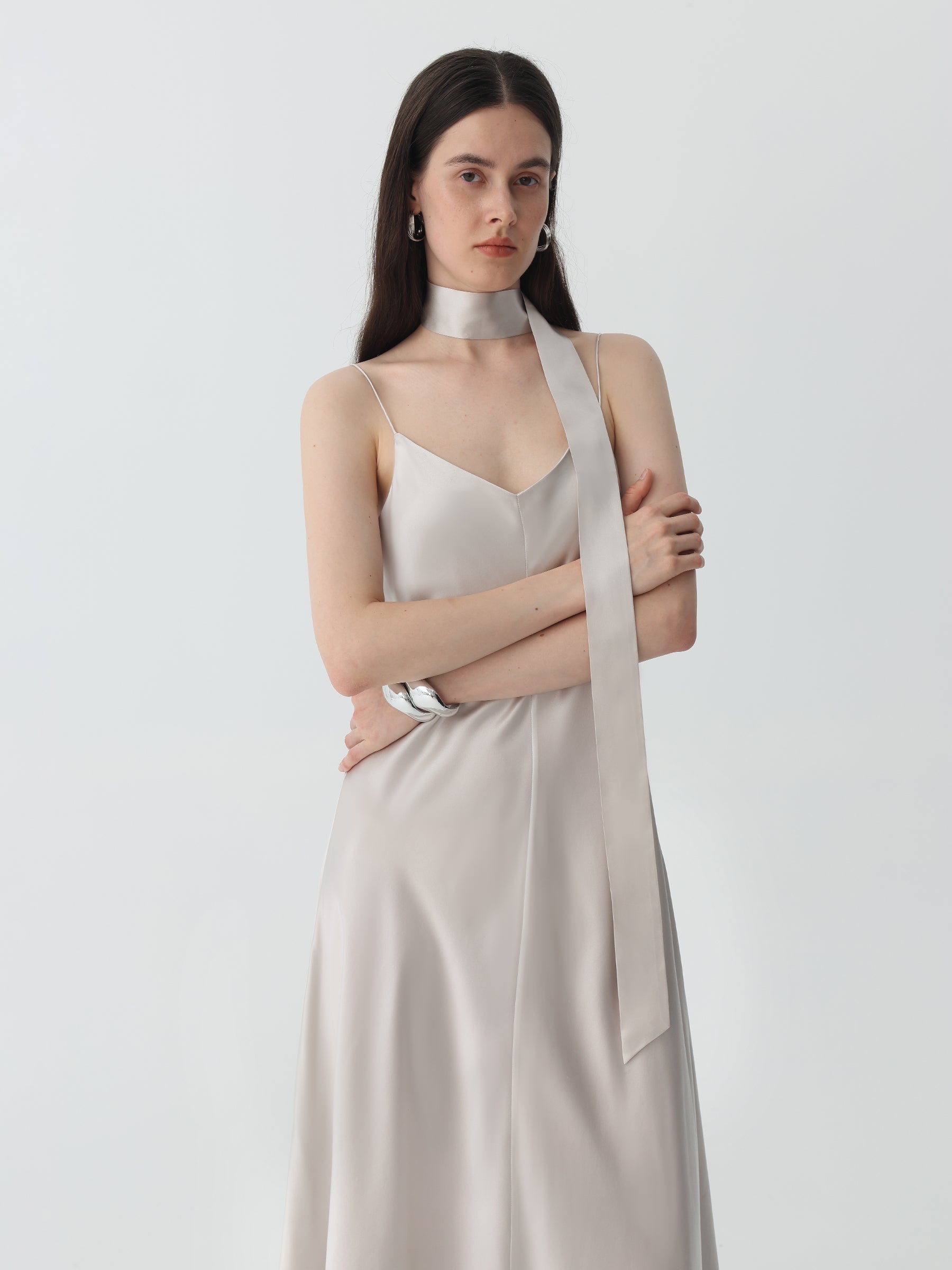 V-Neck Cami Dress in Silk #color_Soft Gray White