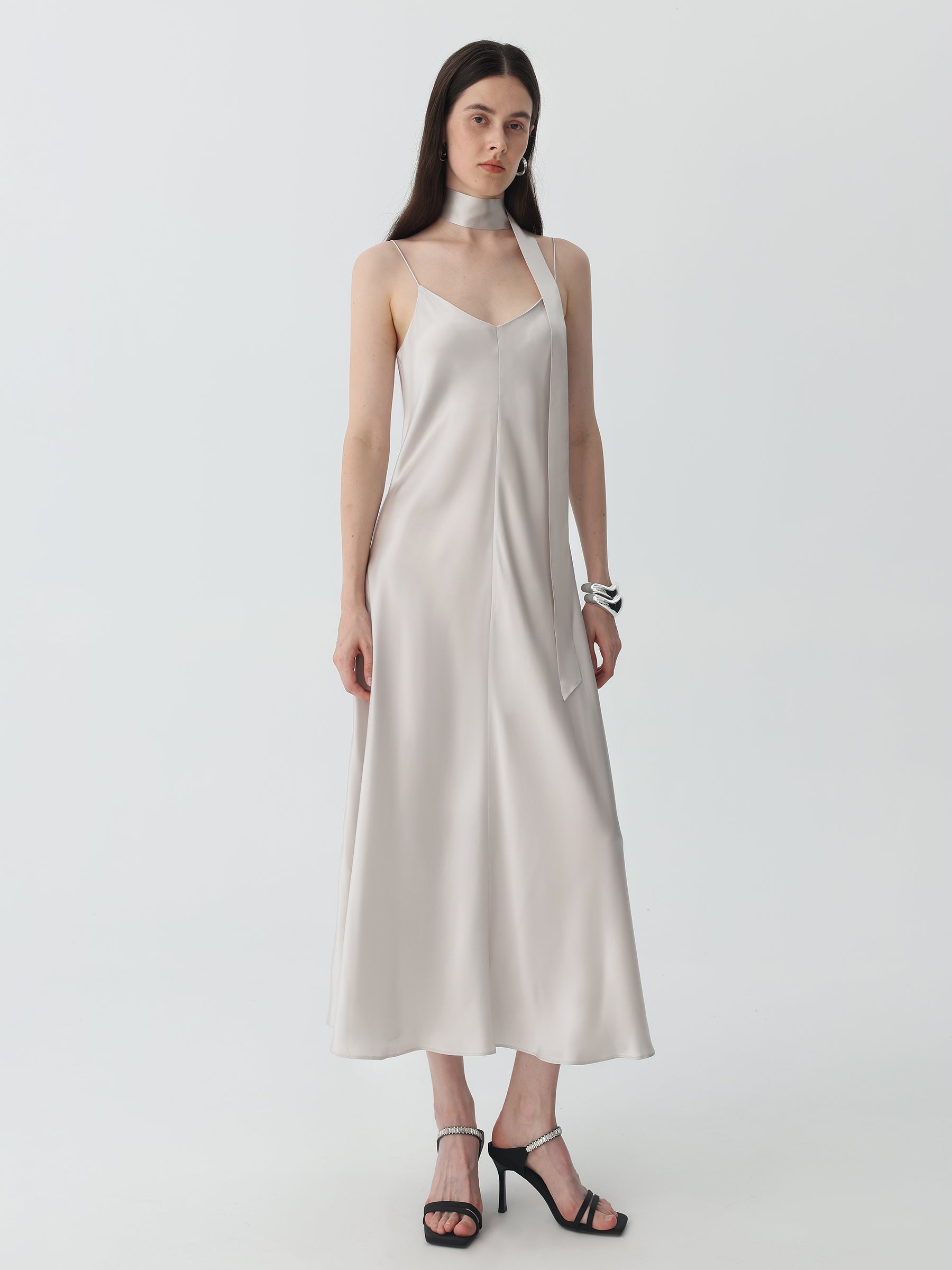 V-Neck Cami Dress in Silk #color_Soft Gray White