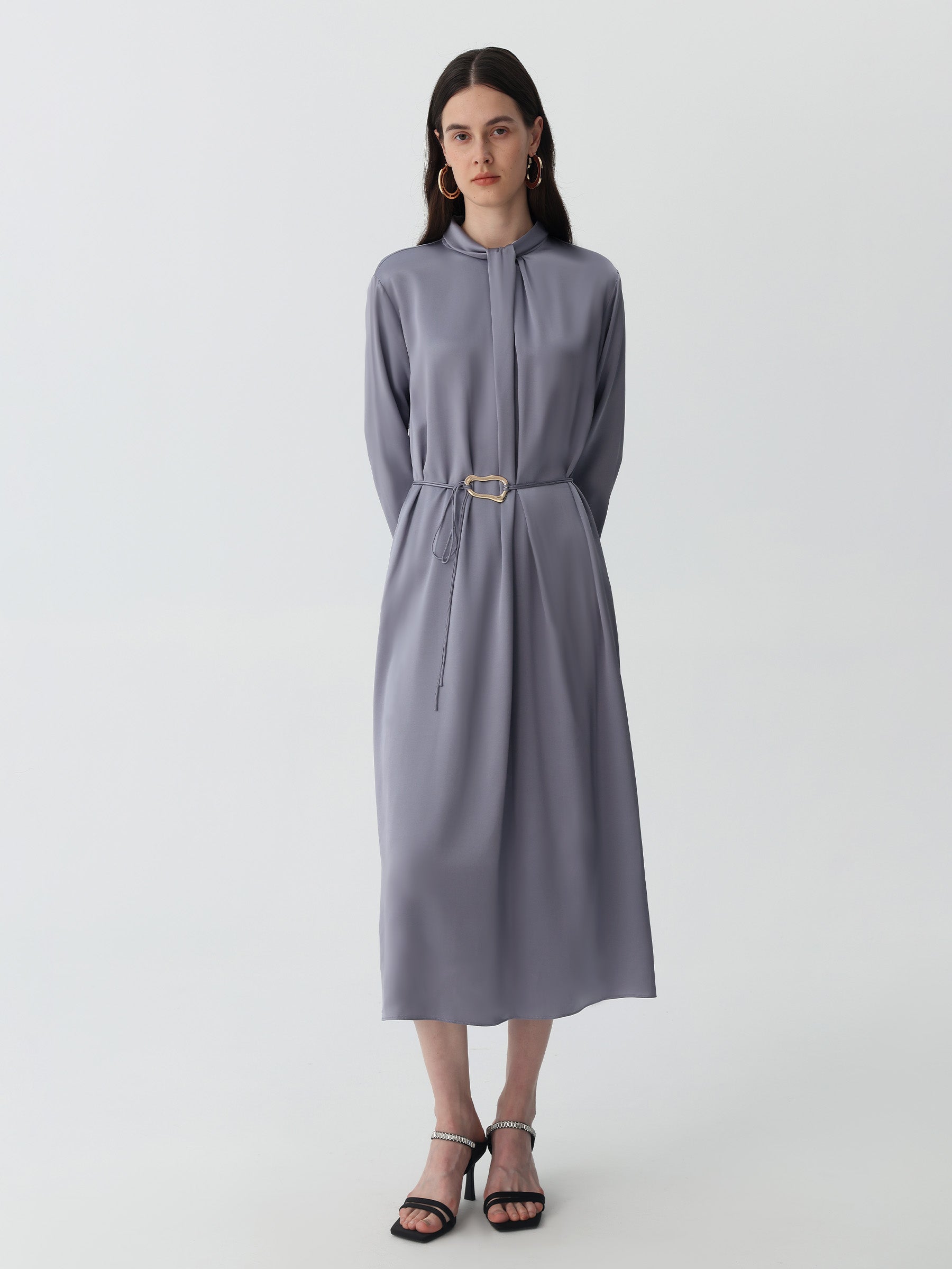 Silk Belted A-line Midi Shirtdress #color_Indigo Gray