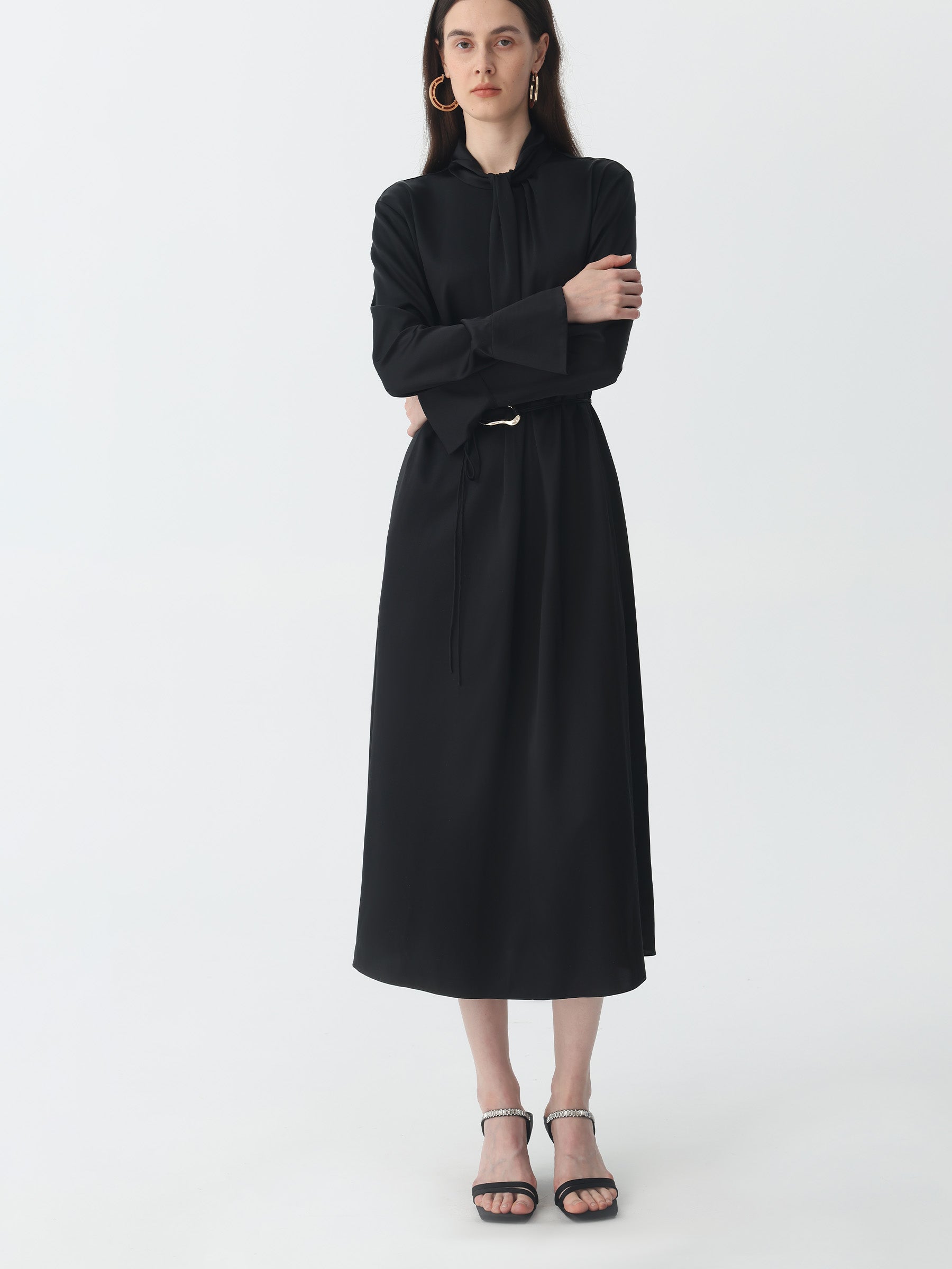 Elegant Silk Belted A-Line Midi Dress