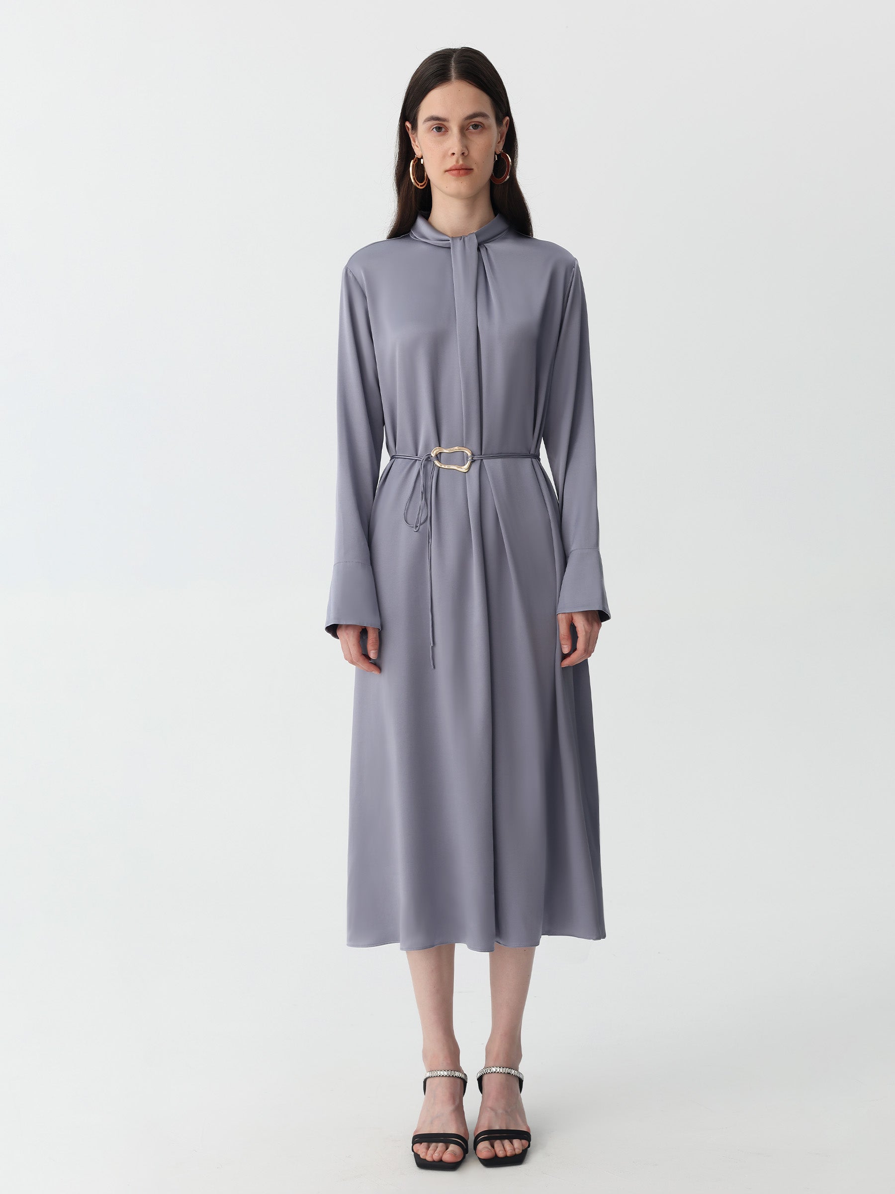 Silk Belted A-line Midi Shirtdress #color_Indigo Gray