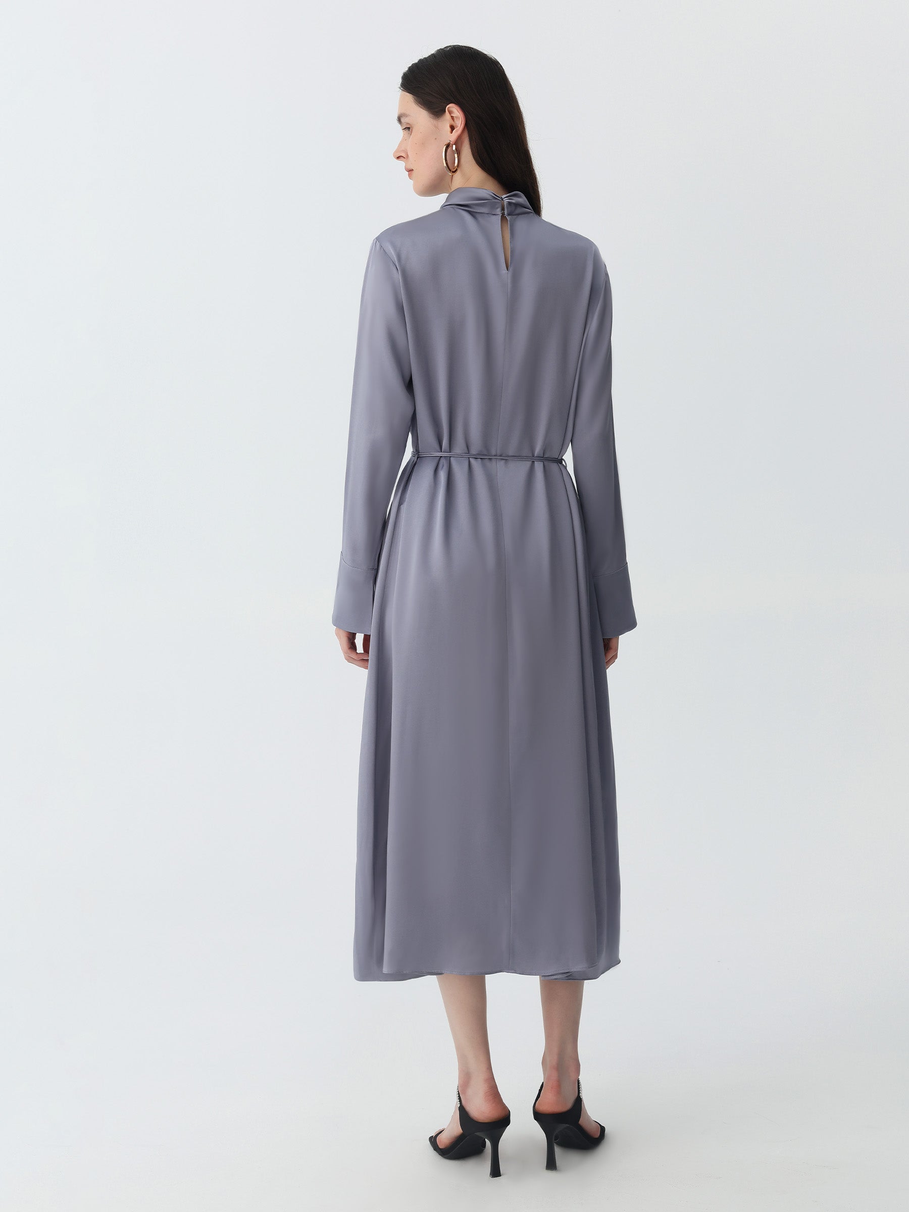 Silk Belted A-line Midi Shirtdress #color_Indigo Gray
