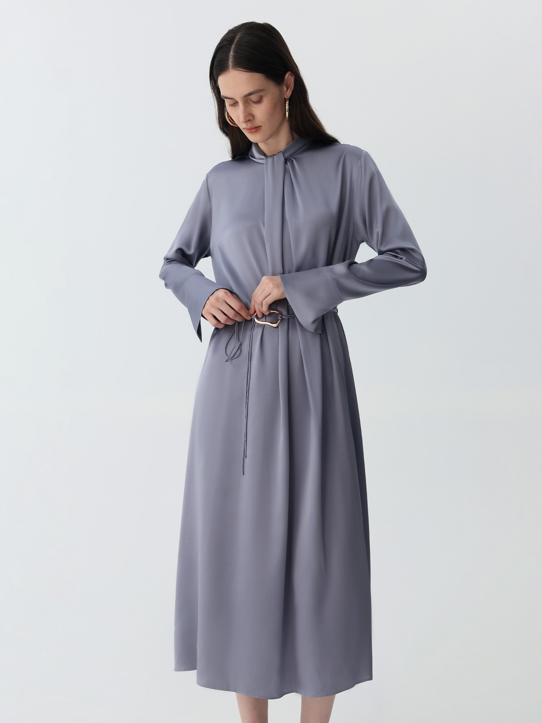 Silk Belted A-line Midi Shirtdress #color_Indigo Gray